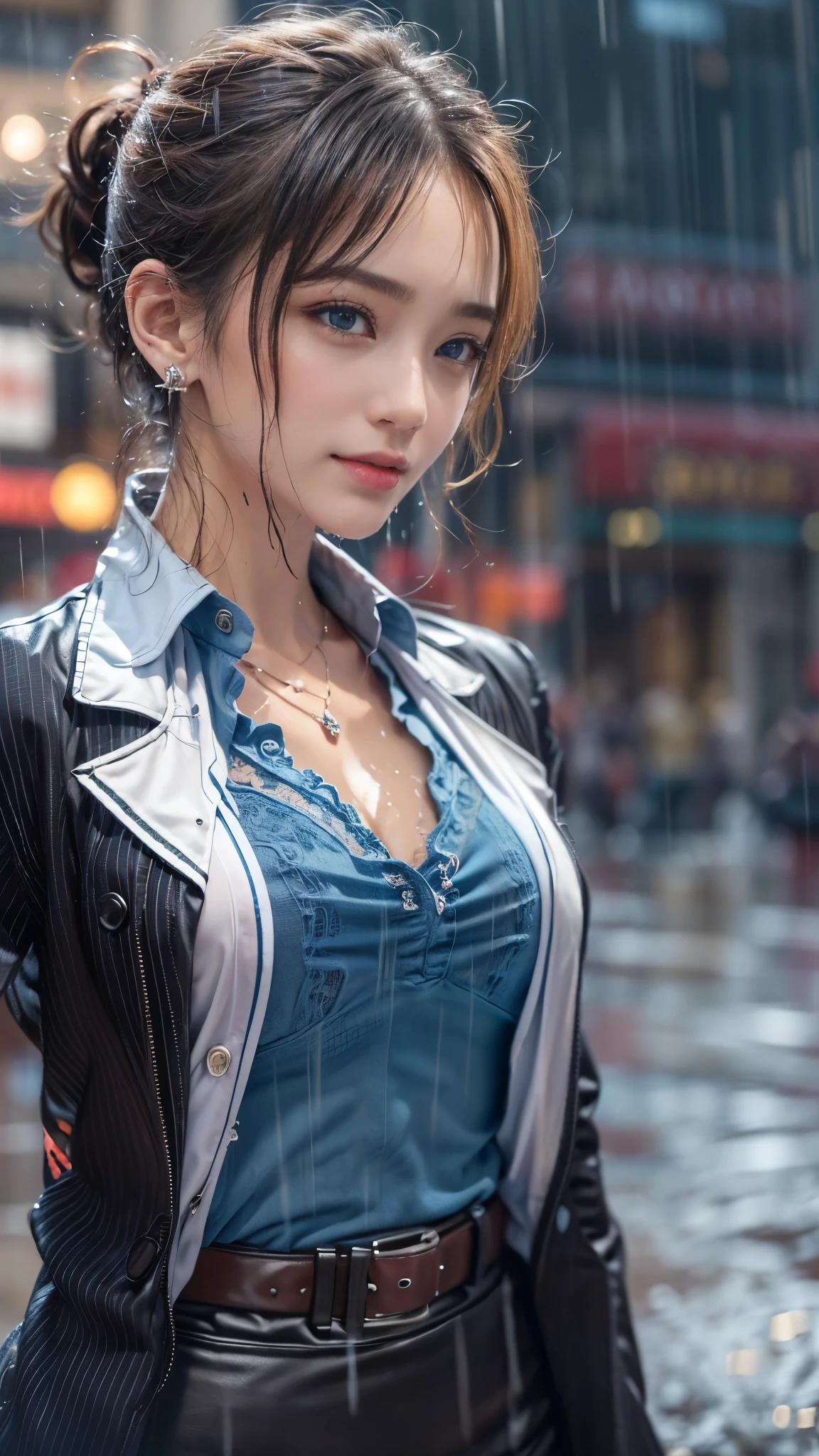 (RAW shooting, Photoreal:1.5, 8K, highest quality, masterpiece, ultra high resolution), perfect dynamic composition:1.2, street corner at night, look up at the sky:1.3, (((Typhoon heavy rain))), Highly detailed skin and facial textures:1.2, Slim office lady wet in the rain:1.3, sexy beauty:1.1, perfect style:1.2, beautiful and aesthetic:1.1, Fair skin, very beautiful face, water droplets on the skin, (rain drips all over my body:1.2, wet body, wet hair:1.4, wet office skirt:1.2, wet office lady uniform:1.3), belt, (Medium chest, bra is see-through, Chest gap), (look of resignation, embarrassing smile, The expression on your face when you feel intense caress, Facial expression when feeling pleasure), (beautiful blue eyes, Eyes that feel beautiful eros:0.8), (Too erotic:0.9, Bewitching:0.9), cowboy shot, Shoulder bag, necklace, earrings, bracelet, clock
