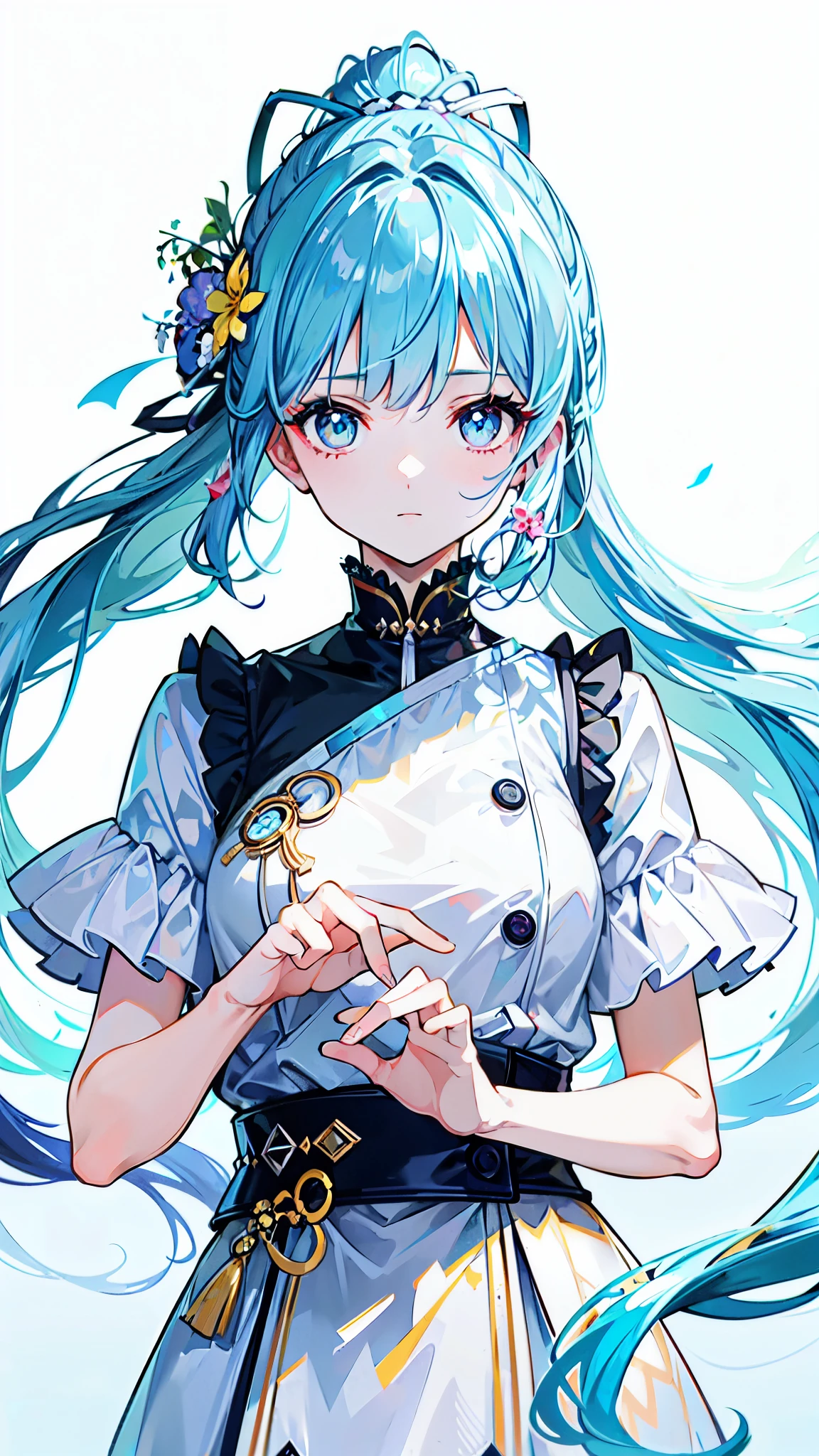 (masterpiece), (best quality), (ultra detailed),(disheveled hair),(illustration), (1girl), (Fashionable clothing), standing, Fashion model, looking at viewer, (interview), (simple background),beautiful detailed eyes, delicate beautiful face, Floating,(high saturation),(colorful splashes),colorful bubble,(shining), focus on face, ponytail, kamisato ayaka, light blue hair, bangs, hair ring, floating flowers, floating hairs, (shining), best lighting, best shadow,