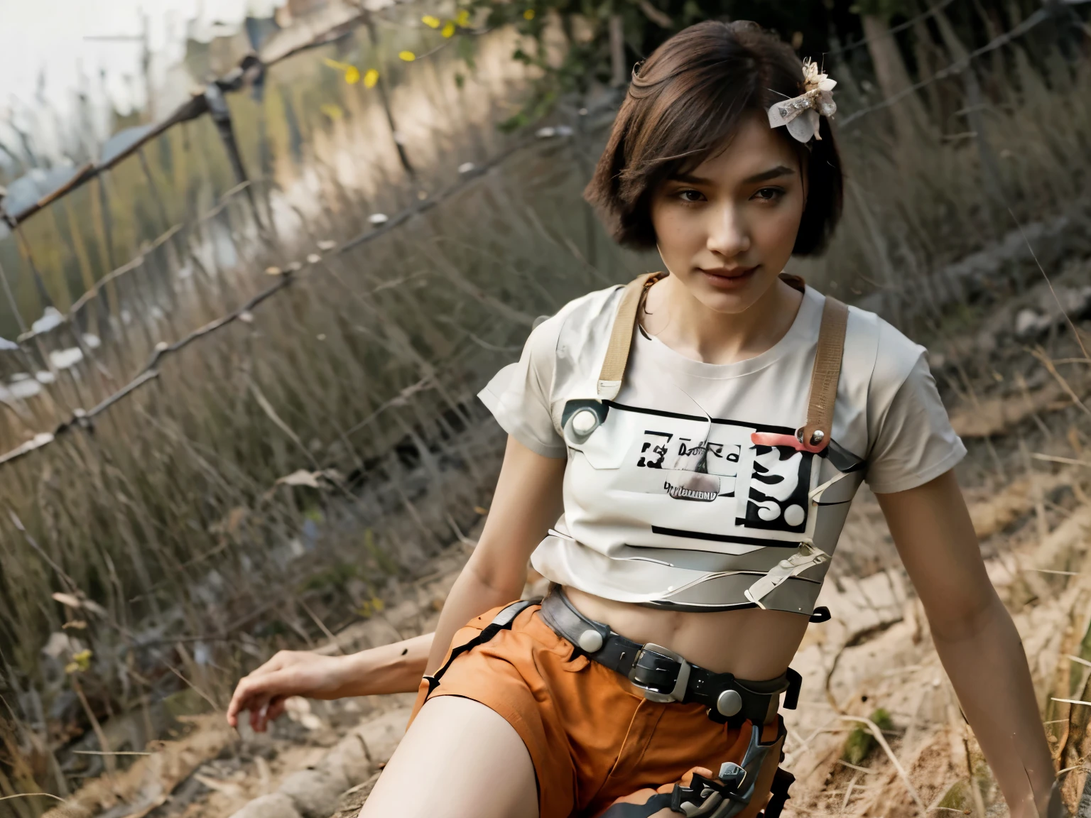 masterpiece, best quality, high resolution, serene 1, 1 girl, serene 1, 1 girl, serene (pokemon), solo, gray eyes, black hair, green shorts, red tiara, shirt, tied shirt,, short hair, short sleeves, shorts, stripes, yellow shirt, belt, middle class shooting, grass, field, smile, standing,