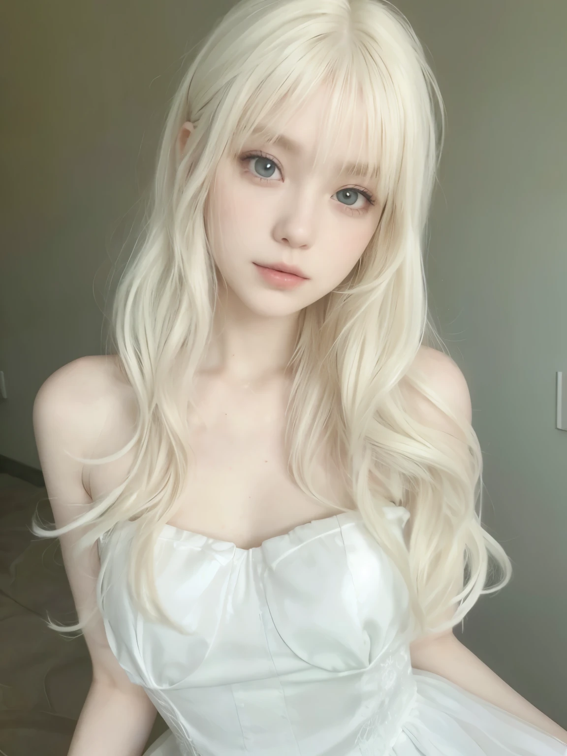 un primer plano de una mujer con cabello largo y rubio con un vestido blanco, pelo largo y blanco y flequillo, peinado de corte hime blanco, pale piel blanca de porcelana, con el pelo largo y blanco, pale milky white porcelain skin, con pelo largo y blanco, flequillo blanco, extremely pale blonde hair, chica anime en la vida real, piel blanca de porcelana, chica perfecta de pelo blanco, chica con pelo blanco