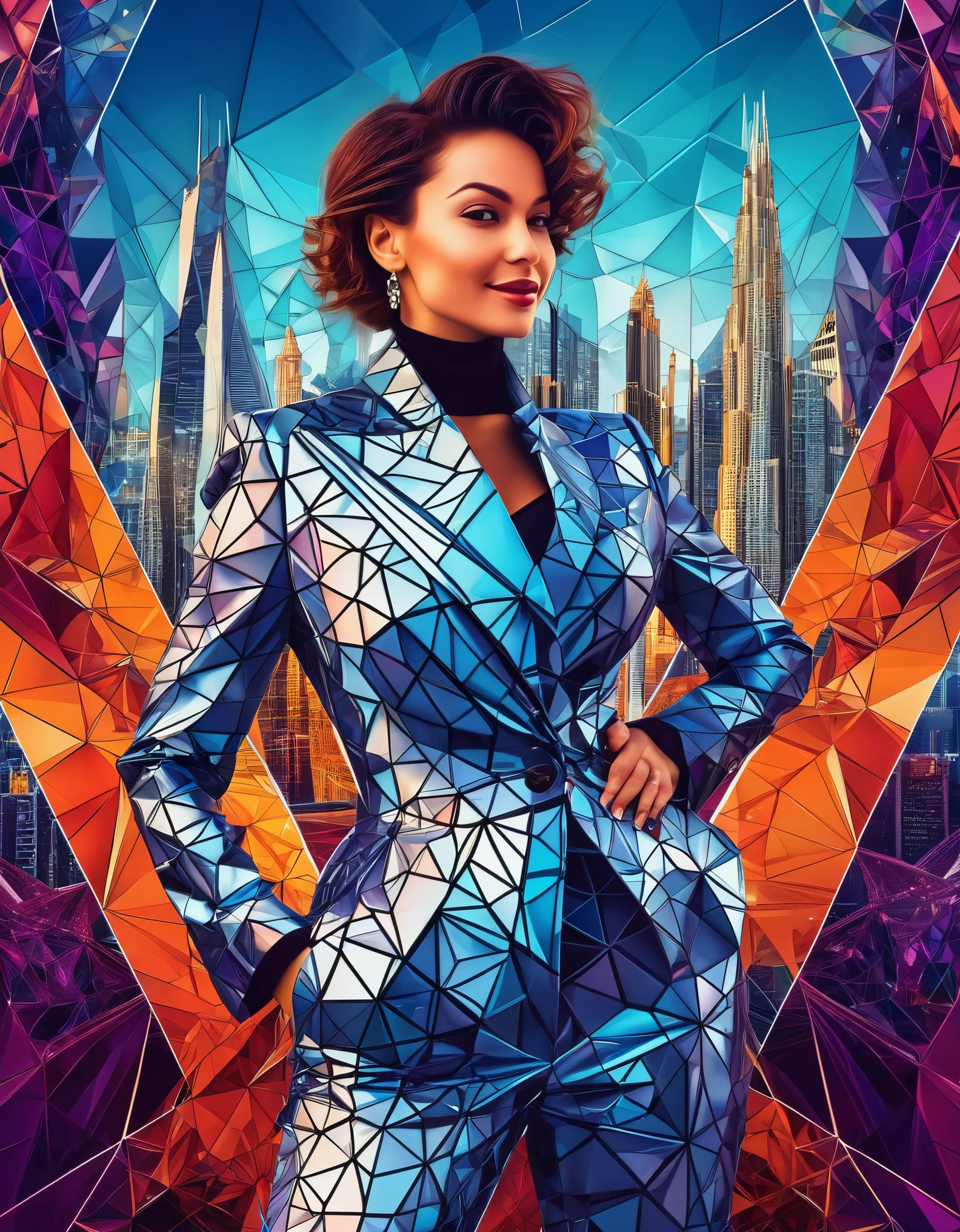 A captivating woman with a mischievous grin and a daring outfit, posed against a modern, geometric cityscape backdrop, enhanced by fractal details.