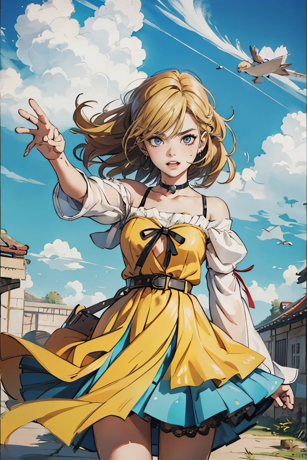 masutepiece, Best Quality, Ultra-detailed, Tenza, jigokuraku, 1 girl, blonde hair, Gray eyes, showa town, Ruins, Bang, Beautiful sky, shining sky, Sunshine, Smiling, Waving, Black Belt, black choker, Dresses that blow the wind, black Lace dress, belt camisole, wool sweaters, Off-shoulder sleeves