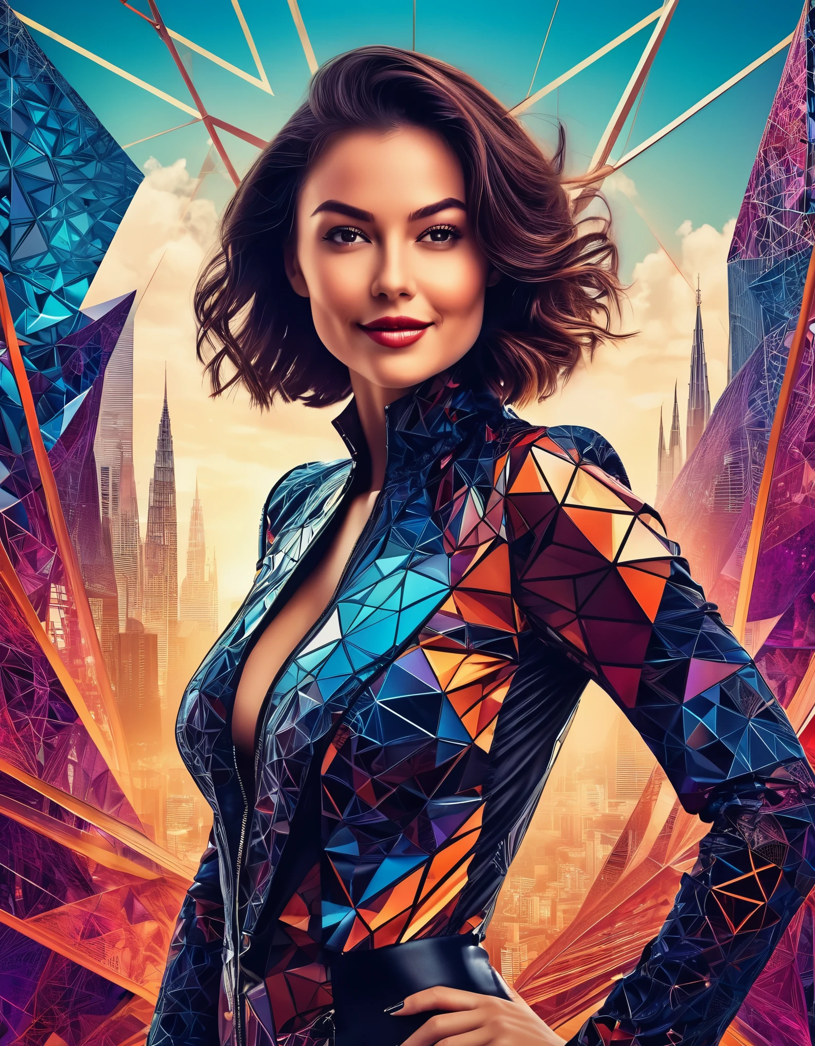 A captivating woman with a mischievous grin and a daring outfit, posed against a modern, geometric cityscape backdrop, enhanced by fractal details.
