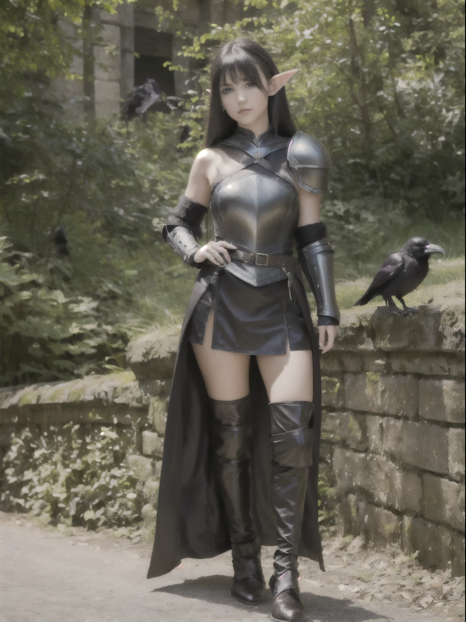 Best quality, masterpiece, ultra high res, (photorealistic:1.4), raw photo, 1girl, offshoulder, in the dark, deep shadow, low key, cold light, green eyes, elf ears, very long hair, bangs, leather fantasy clothes, elf girl, big bust, cute face, full body, medieval , (((full body))), silver details, medieval clothes, detailed face, bootagic staff))), beltt, bracelets, (((shoulder armor))), elegant, (((furr))), dress, (((crow in her shoulder)))