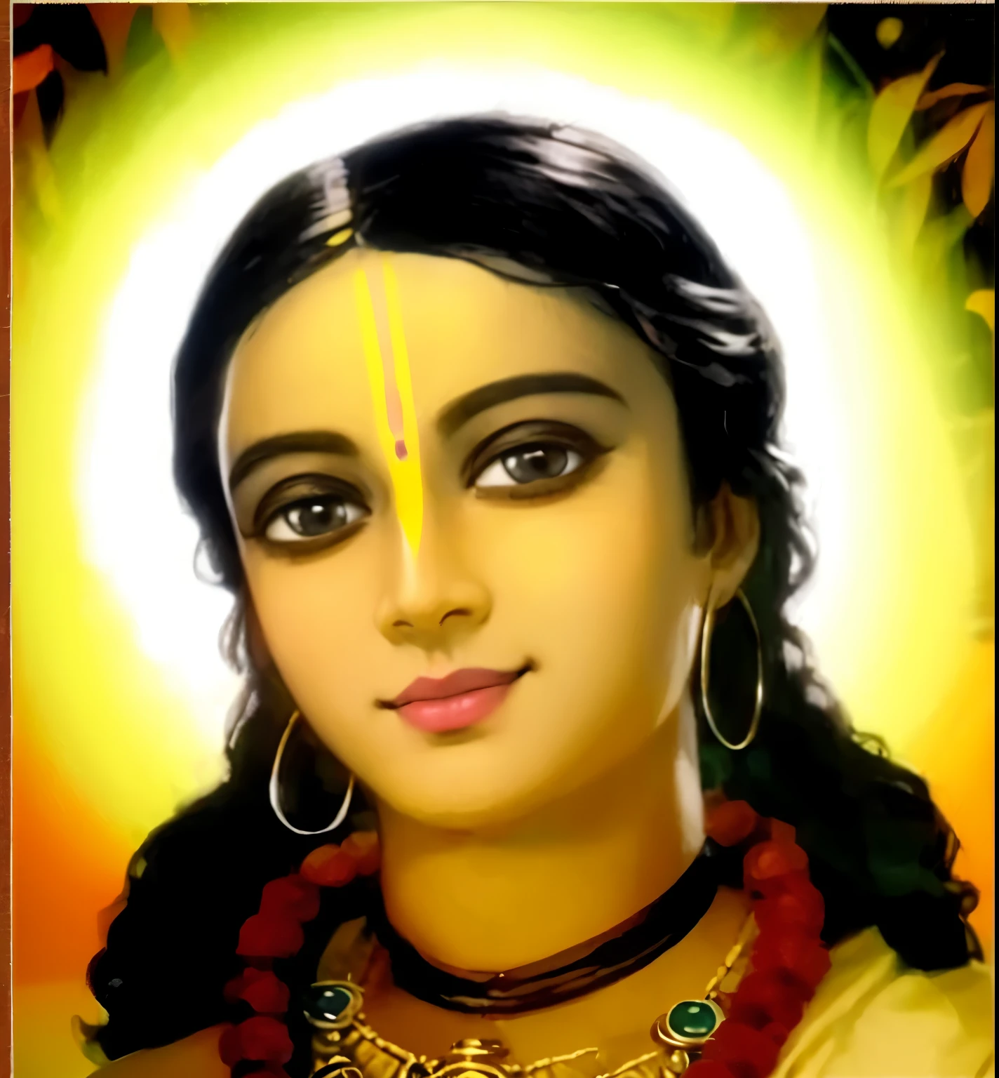 Shri Chaitanya Mahaprabhu, adorable face, golden complexion, large lovely eyes, long curly hairs, pleasant smile, divine aura