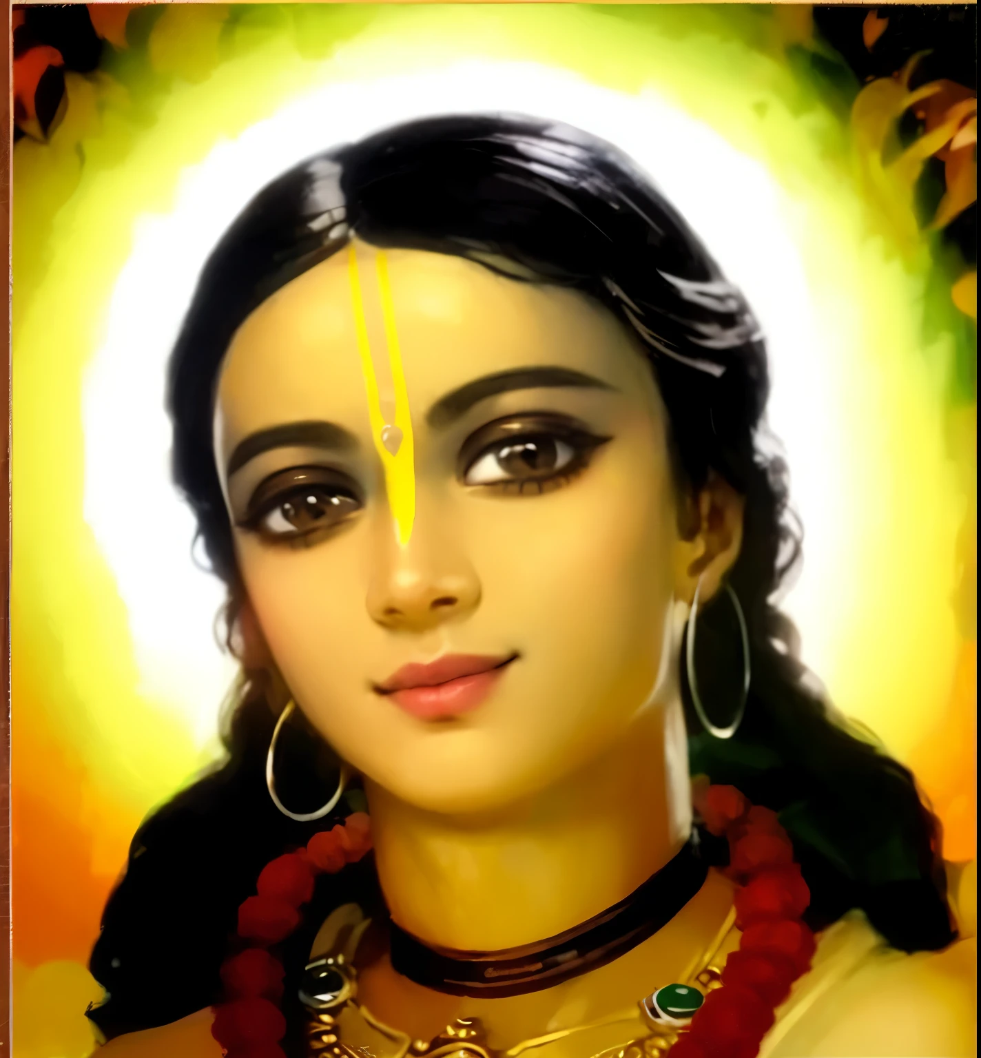 Shri Chaitanya Mahaprabhu, adorable face, golden complexion, large lovely eyes, long curly hairs, pleasant smile, divine aura