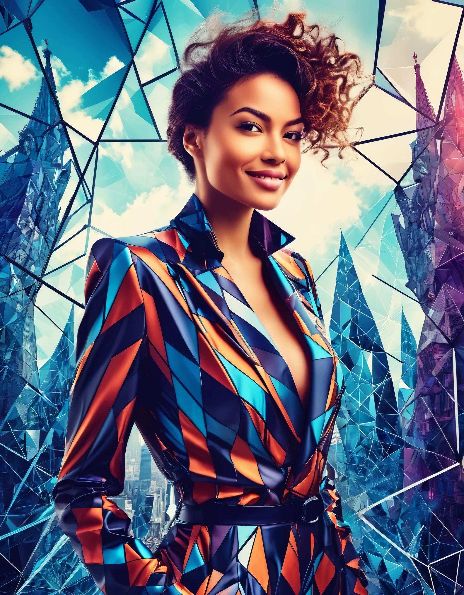 A captivating woman with a mischievous grin and a daring outfit, posed against a modern, geometric cityscape backdrop, enhanced by fractal details.