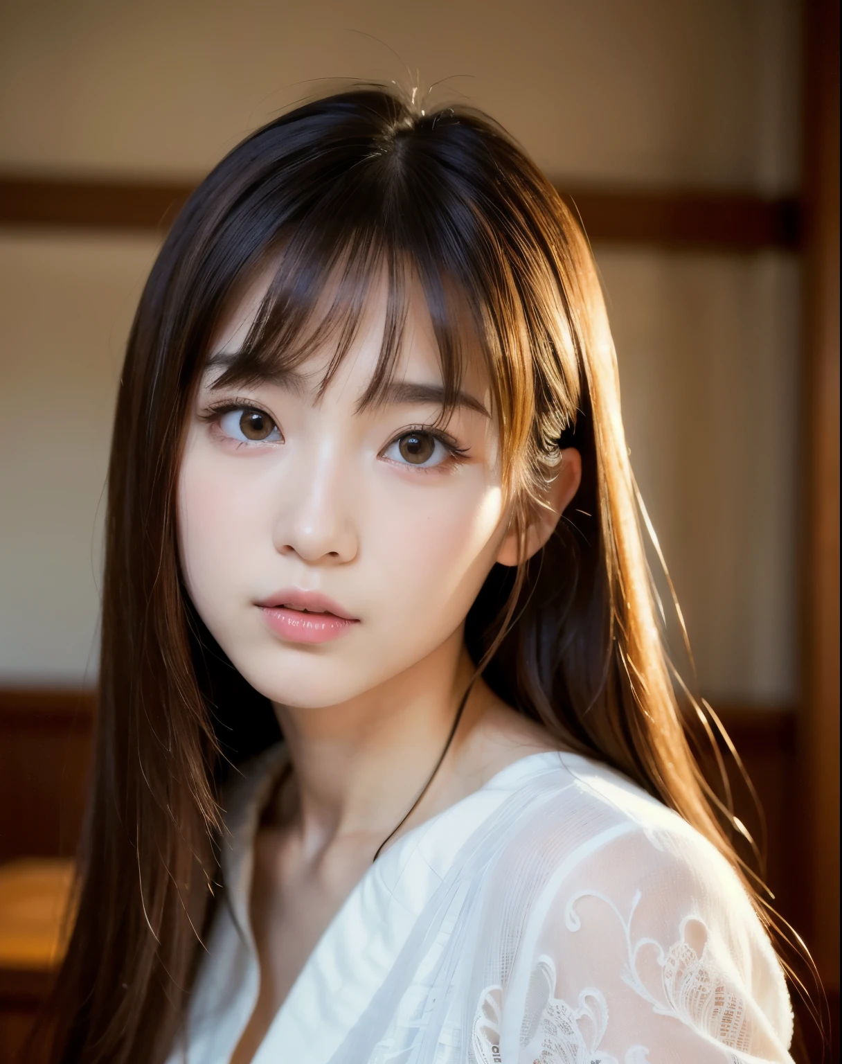 best quality, face focus, soft light, ultra high res, (photorealistic:1.4), RAW photo,
1japanese girl, solo, cute, (pupil, lights in the eyes),  detailed beautiful face, (),(high resolution detail of human skin texture),
(long hair),
indoor,
Damask Shirt Dress,
(portrait)