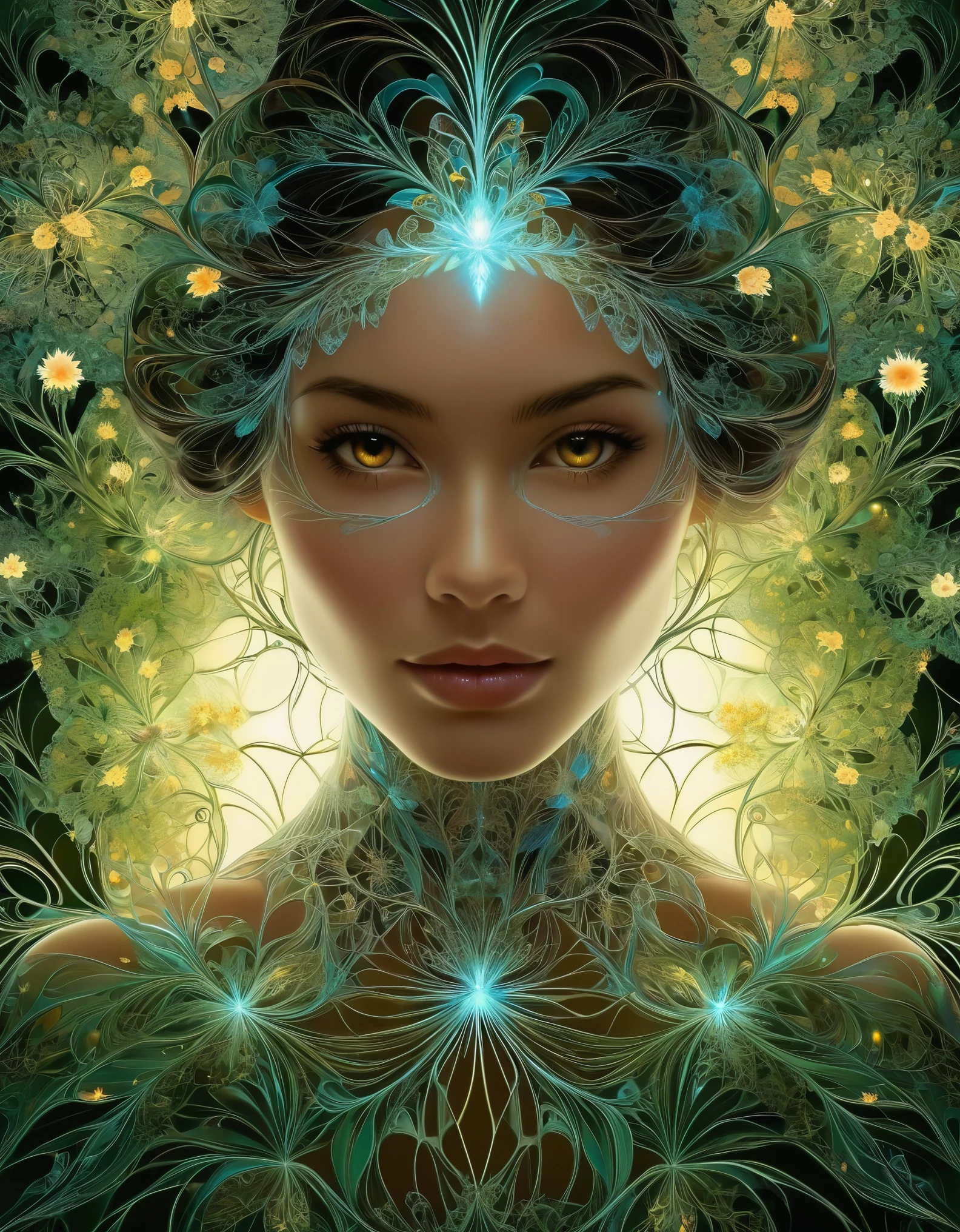 A mysterious woman with a captivating gaze and a hint of mischief, surrounded by delicate, intertwining fractal patterns and glowing flora.