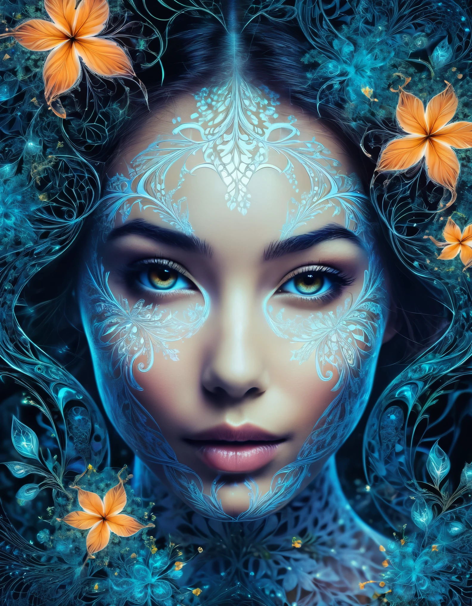 A mysterious woman with a captivating gaze and a hint of mischief, surrounded by delicate, intertwining fractal patterns and glowing flora.