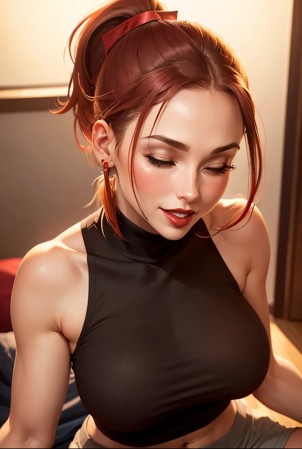 hot 30 year old woman, sleeveless turtleneck shirt and elastic shorts, red lips, closed eyes, (((ponytail)))salivating, orgasm eyes, seductive smile, erotic, woman licking man penis, NSFW, close-up