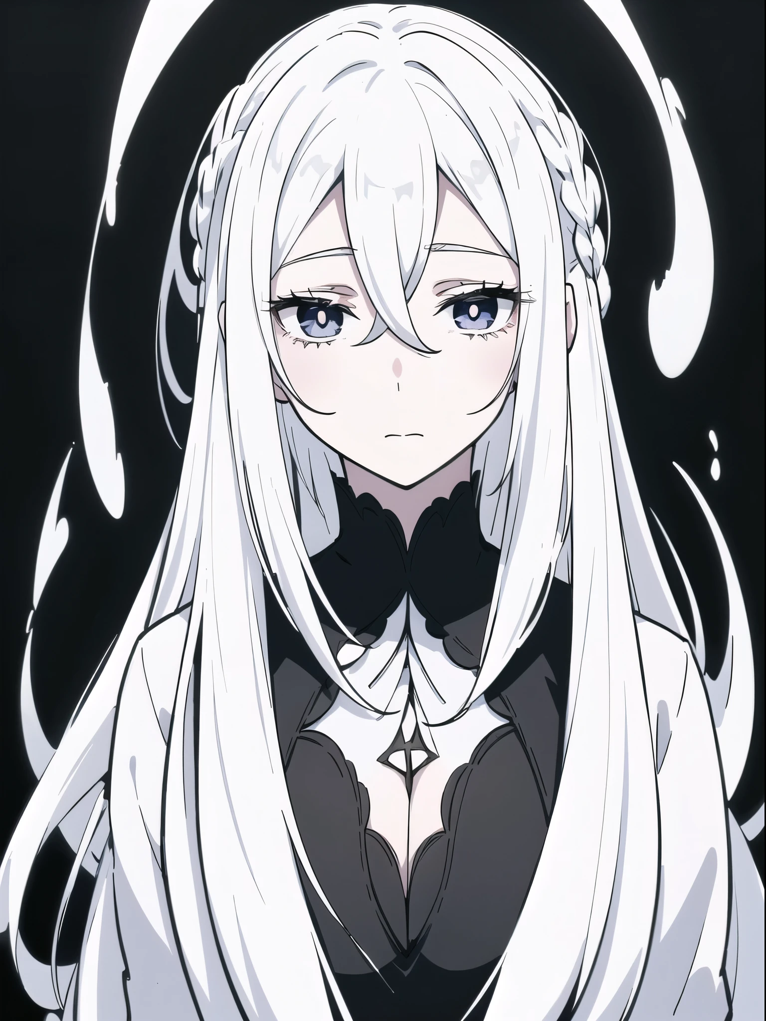 ((White hair)),((Head and Shoulders Image)),Sexy,A person,Alone,Simple style,pancake ,Simple details,Black background,Empty background,Black background wall,(20 year old woman),(Droopy hair),(White Gloves),(Evening Gown),(Lace Shirt),Lace,(confidence),(Tranquility)