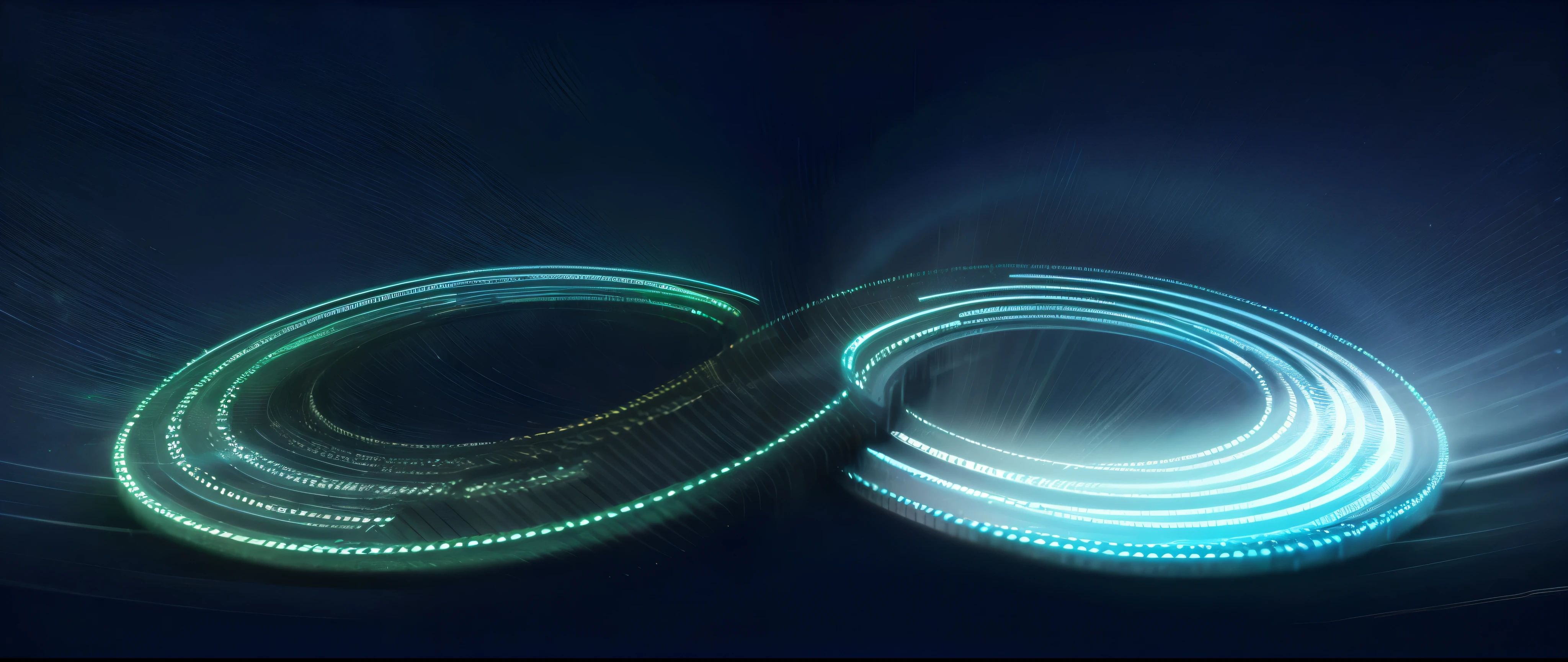 Close-up of blue neon Möbius strip on dark background, photoperiod, glowing line, light trace, illuminated glowing line, motion blur light, particle waves, light wave, 细glowing line, glowing wisps, light trace, Thin glowing lights, Glowing spiral background, neon glowing line, light streaks, glowing tiny blue lines, aperture,8K