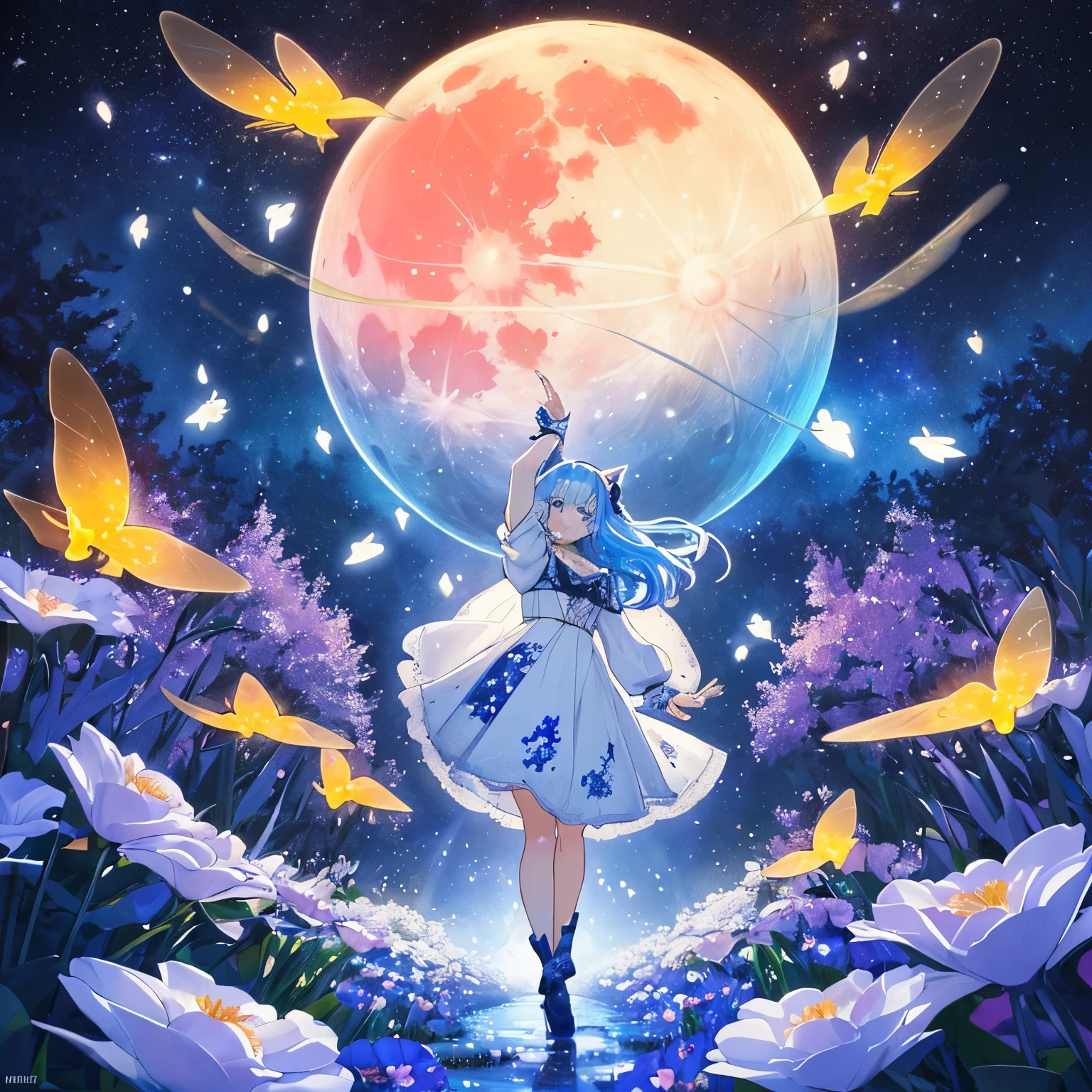 A woman in a white dress is walking through a field of flowers - SeaArt AI