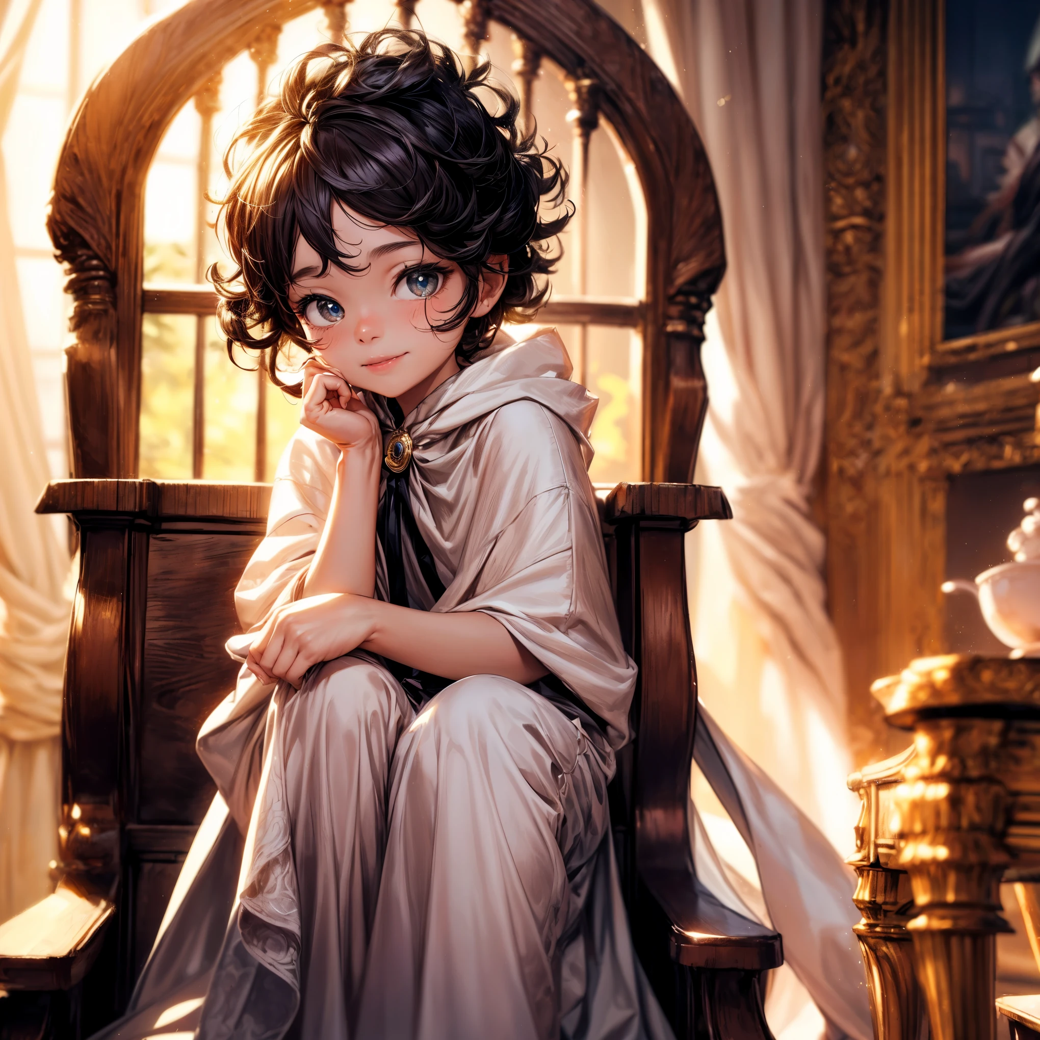 (best quality,4k,8k,highres,masterpiece:1.2),ultra-detailed,(realistic,photorealistic,photo-realistic:1.37), (solo), A cute very  (boy:1.1) wearing a (white cloak) and a (very long silk long dress:1.1), prince, (best wrinkle, best shadow), (White long stockings), soft curly hair, sparkling eyes, (curious sparkling eyes, innocent smile, cheeks rosy with happiness), dainty silver crown on his head, (Sitting on an exquisite and solemn throne), In the magnificent palace, bathed in warm golden sunlight, creating a dreamy and magical atmosphere.