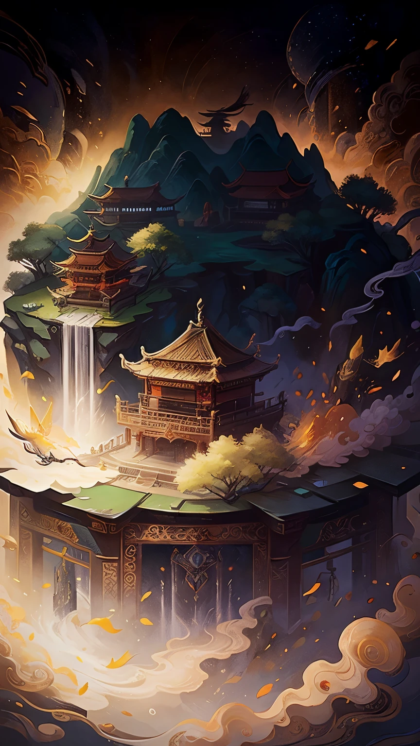 Chinese wind mountains, rios, Auspicious clouds, Pavilions, rays of sunshine, tmasterpiece, super detailing, Epic composition, hyper HD, high qulity, k hd,extremely detaile, offcial art, unity 8k wallpaper, super detailing, 32k