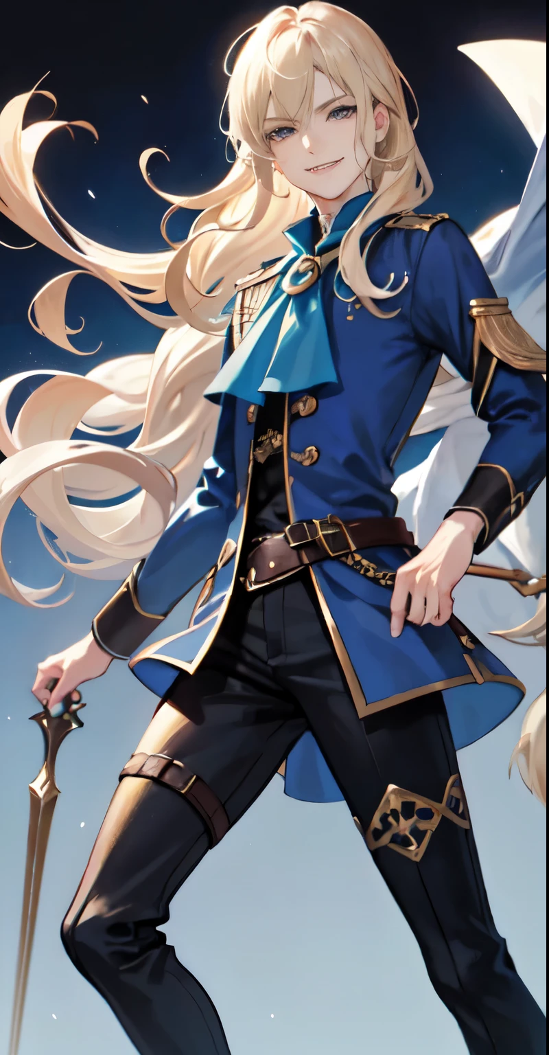 Original, (illustration: 1.1), (best quality), (masterpiece: 1.1), lute, thin legs, skinny, thigh high boots, stylish boots, blonde hair, long hair, (wavy hair), gray eyes, narrow eyes, ((eyebags)), blue suit, dark pants, (beautiful clear background: 1.25), (very detailed CG Unity 8K wallpaper: 1.1), 1boy, parted bangs, (flirty), ((smirk)), confident, handsome androgynous face, bard, fancy, shirt, emotion, soft, urzan, (PureErosFace_V1:0.7)