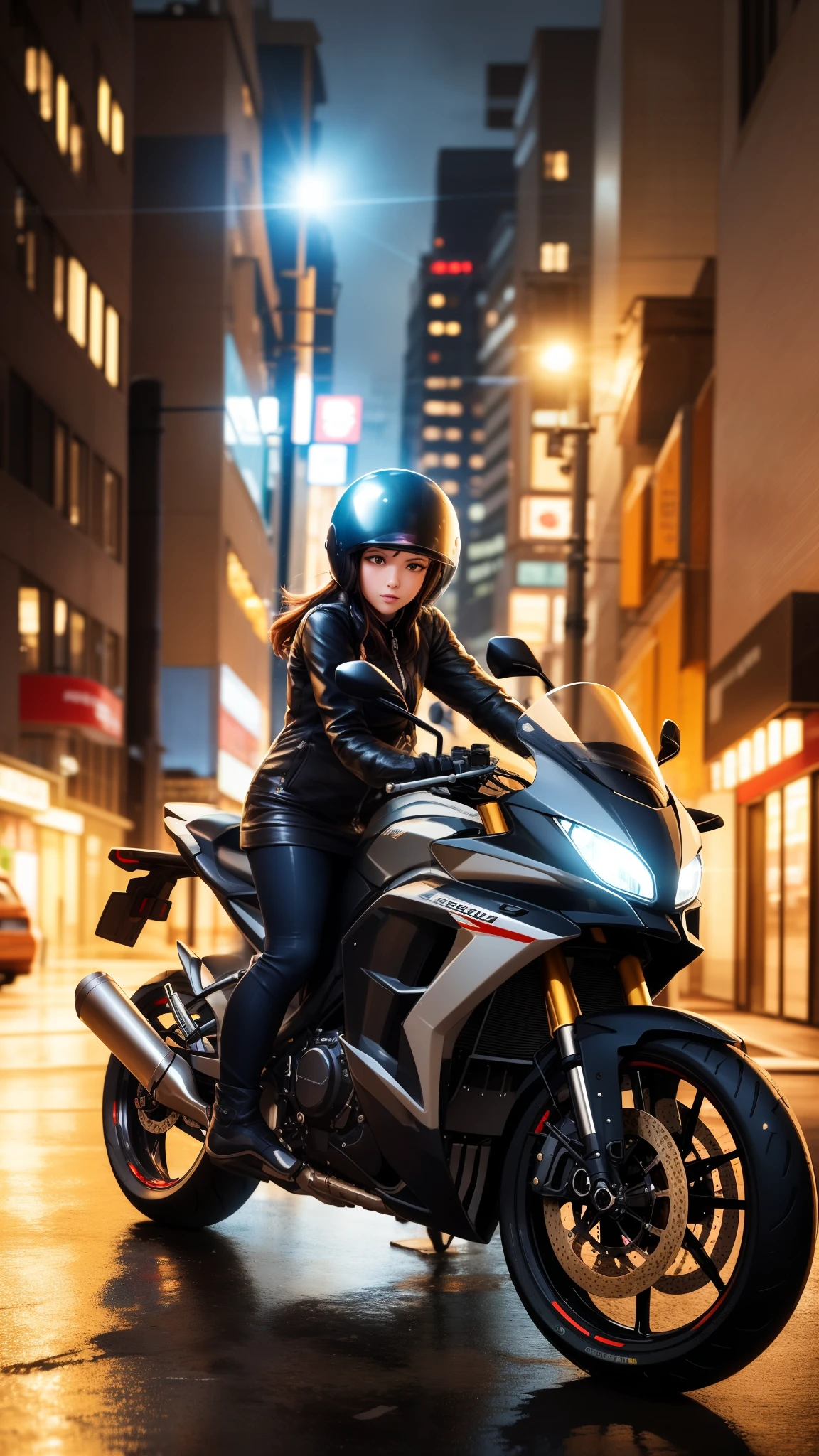 1girl, dress, jacket, rain, ground vehicle, helmet, mecha, motor vehicle, motorcycle, on motorcycle, vehicle focus, wheel, night, road, street, rain, city, puddles, 8k, ultra realistic, lens flare, atmosphere, glow, detailed, intricate, full of colour, cin...