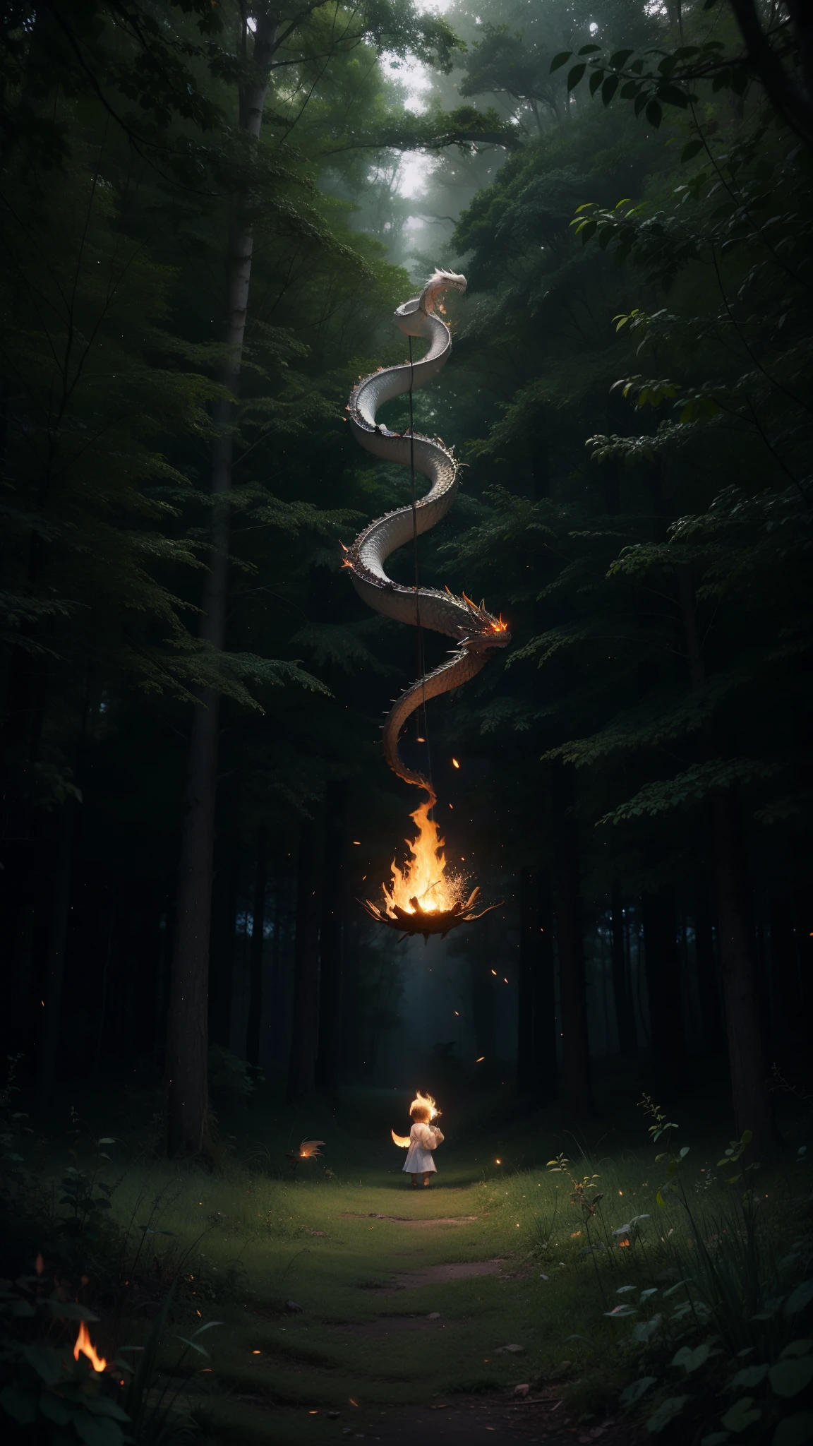 Kizi(Green-eyed white dragon,Single header),Grimm's fairy tales,Fairy tale picture book,picture,Children's picture books,fable,Dissipated black fog,Quiet nightushroom forest,Sparkling flames,Flying fireflies。