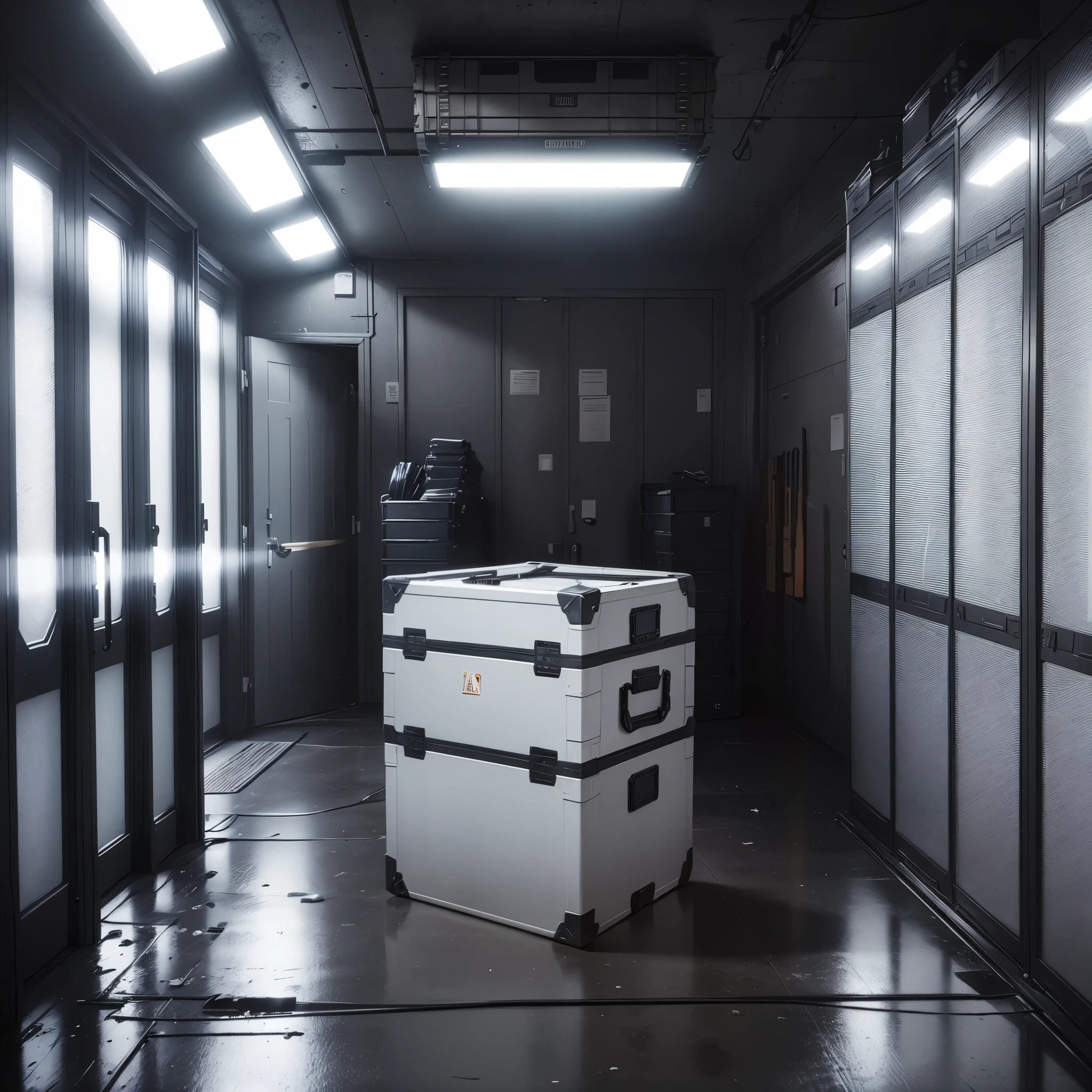 the call of duty armory is a dark room with white lights and not windows, there are weapon cases and military crates
