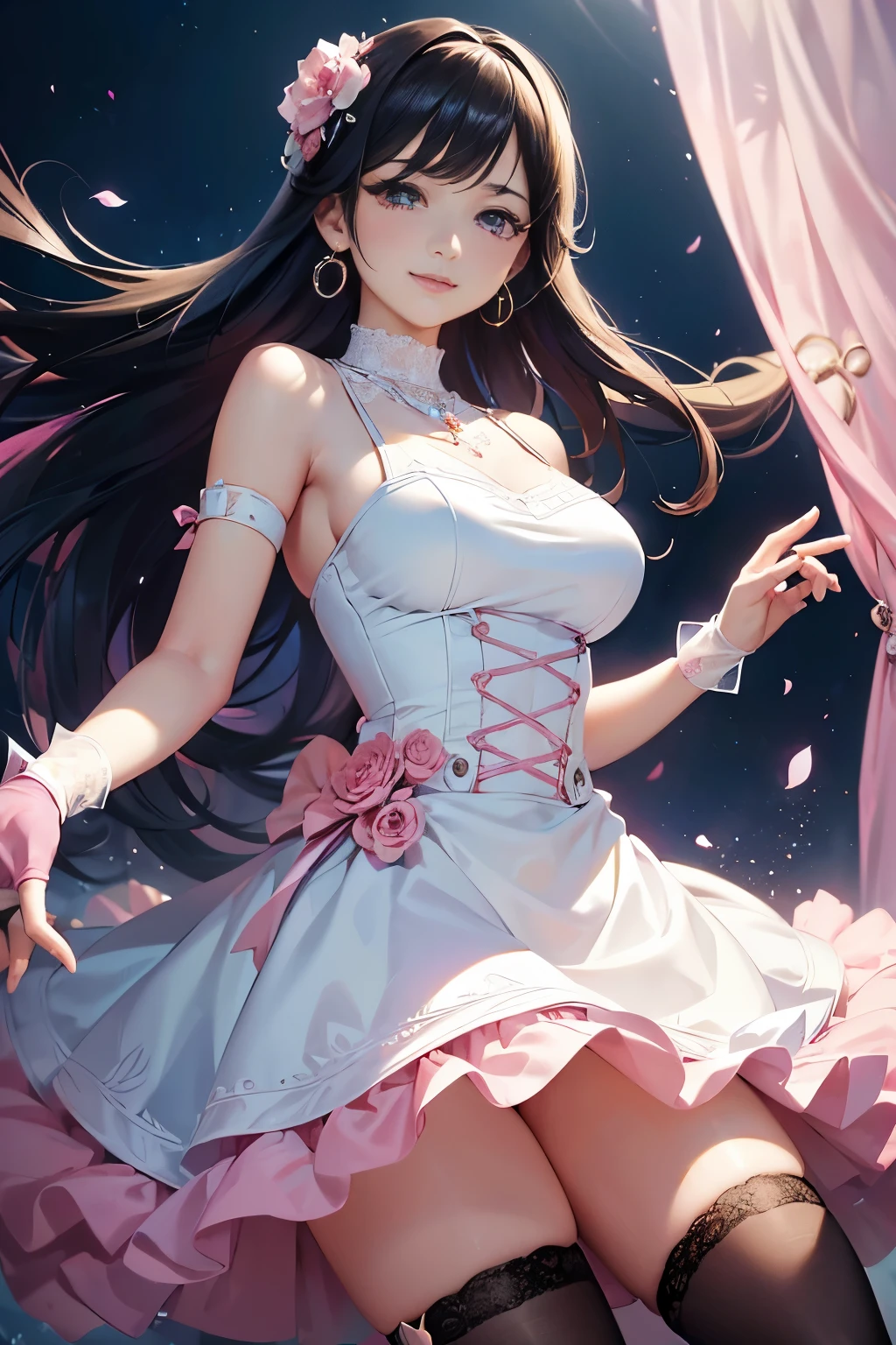 Dynamic angle,((1girl, elegant pink dresasterpiece, highest resolution)), (beautiful illustration),(semi long beautiful black hair),(looking at the viewer),innocent smile,cinematic lighting,white over-kneehighs,Lace chalker, wristband, diamond necklace,wristband, white fingerless gloves, earrings,day,blue sky,beautiful flower park