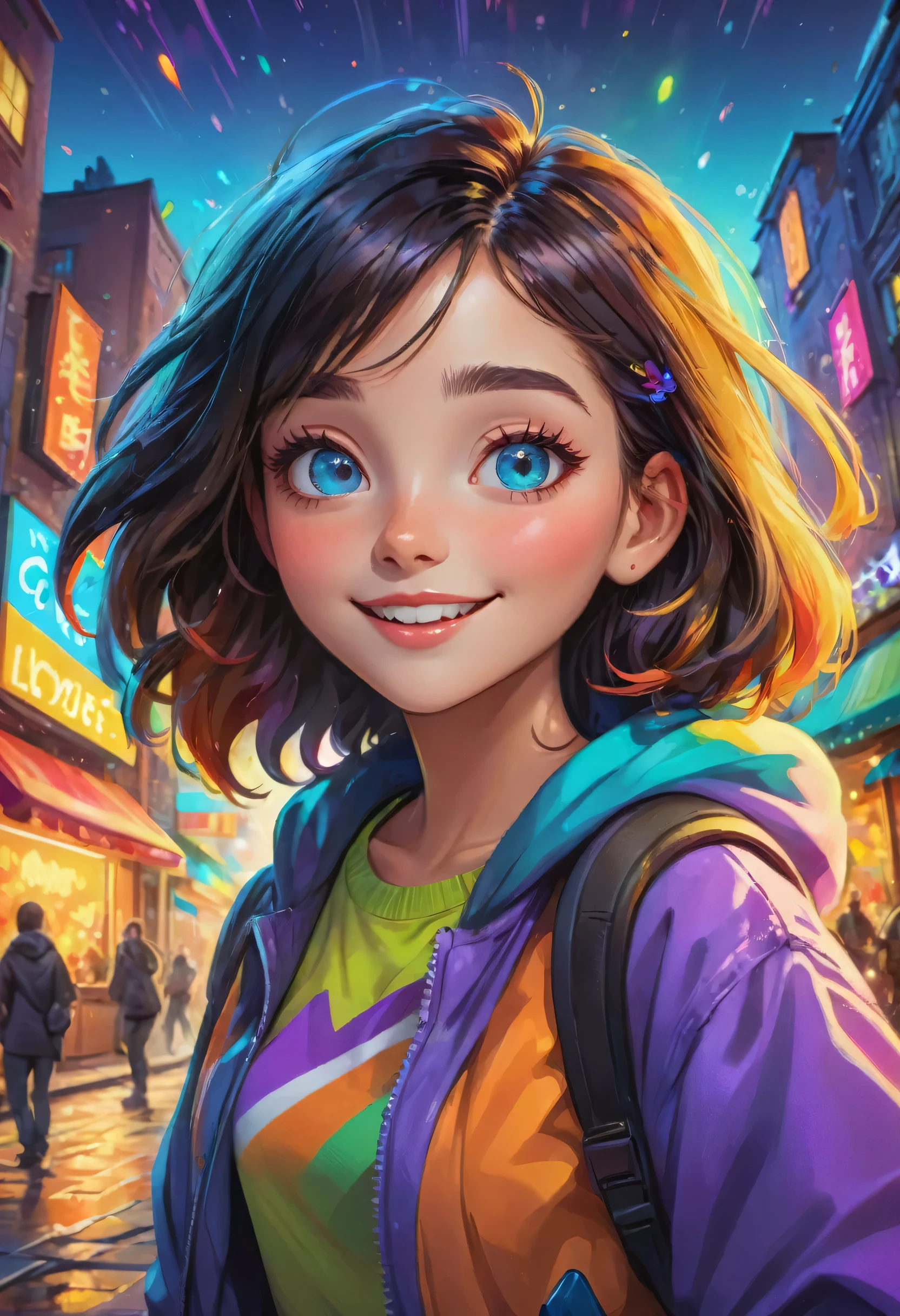 A girl in a colorful cartoon world, vibrant colors, playful expressions, whimsical backgrounds, detailed and expressive eyes, exaggerated facial features, dynamic poses, joyful atmosphere, cartoon-like textures, high-quality rendering, lively and energetic scenes, imaginative and creative art style, stylized animations, vibrant and saturated color palette, soft and diffused lighting. (best quality,ultra-detailed,photo-realistic:1.37), HDR, studio lighting, vivid colors.