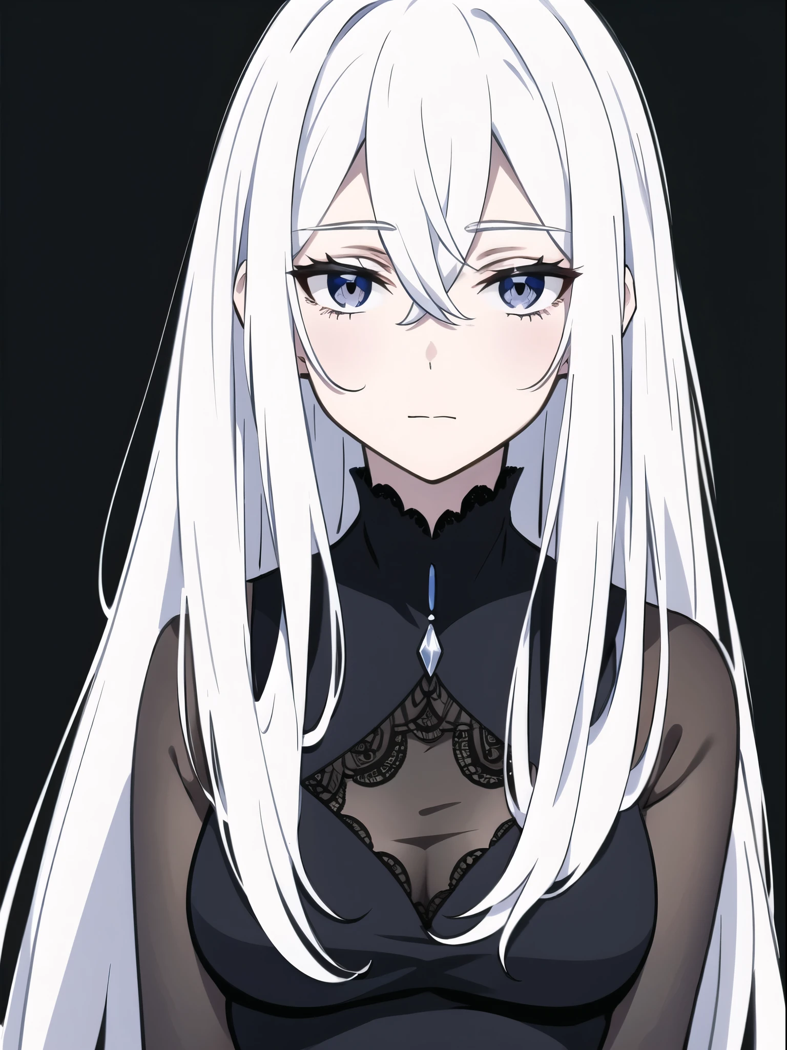 ((White hair)),((Head and Shoulders Image)),Sexy,A person,Alone,Simple style,pancake ,Simple details,Black background,Empty background,Black background wall,(20 year old woman),(Droopy hair),(White Gloves),(Evening Gown),(Lace Shirt),Lace,(confidence),(Tranquility)