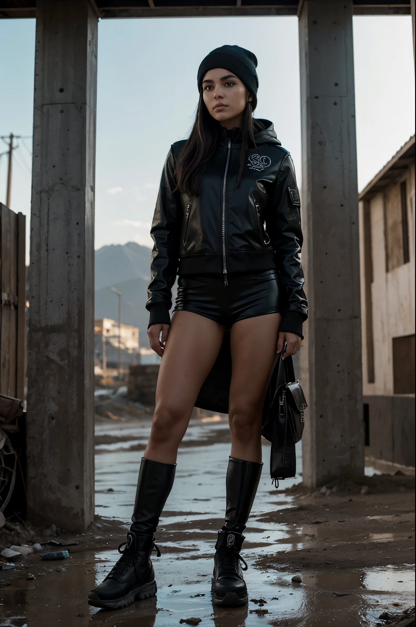 (barro liquido:1.3),una mujer se esta ahogando, De pie hasta las caderas, Chaqueta biker de cuero desgastada con marcas de uso en mangas y cuello.
Todo se hunde en la oscuridad, barro liquido, que se vierte y gotea en la piel de una mujer. El gorro se fusiona con el negro y los atardeceres de Tyom, And the woman's white skin seems almost lifeless against the backdrop of this dystopian landscape...