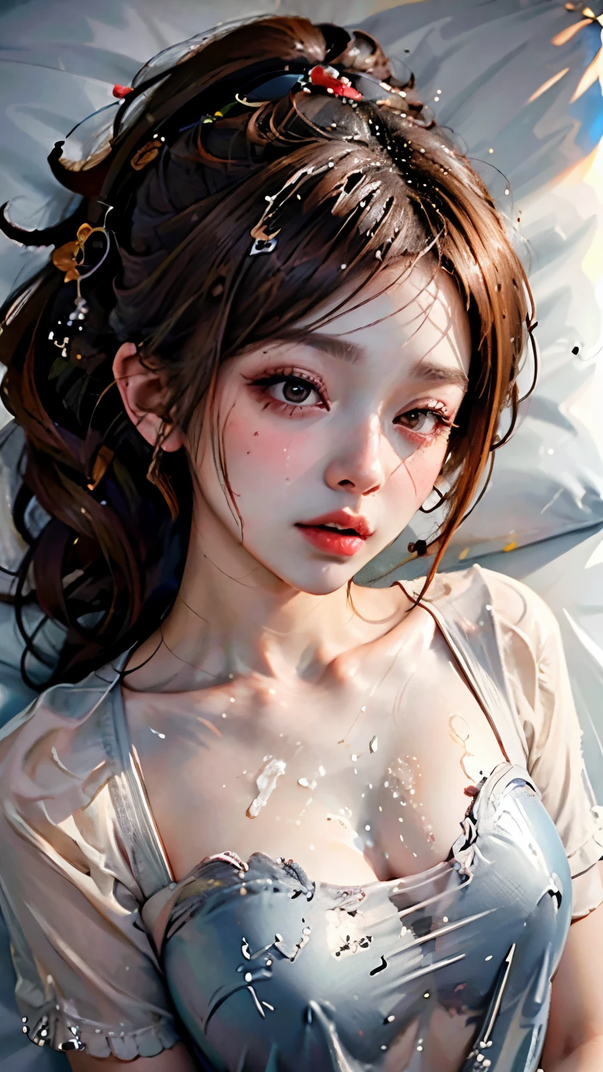 (((masterpiece)))、(((portrait)))、1 girl,lying flat on bed,I fell asleep with my eyes closed,His face flushed,很expression of enjoyment,Sexual expressions,Confused,Reddish-brown hair、curls、ponytail,red headdress、big ,diffuse light、Dynamic shadows、sharp focus、reality、meticulous、high resolution、entertaining、 lifelike, lifelike, Soaked all over, mascara, blush, turtleneck pajamas, White short sleeves,youthful appearance,,Covered in white soap bubbles,shot on the body,cum on mouth,On the hair, Lots of white soap bubbles,Open your mouth,Sticking out tongue,blush,expression of enjoyment,Confused,Above the legs