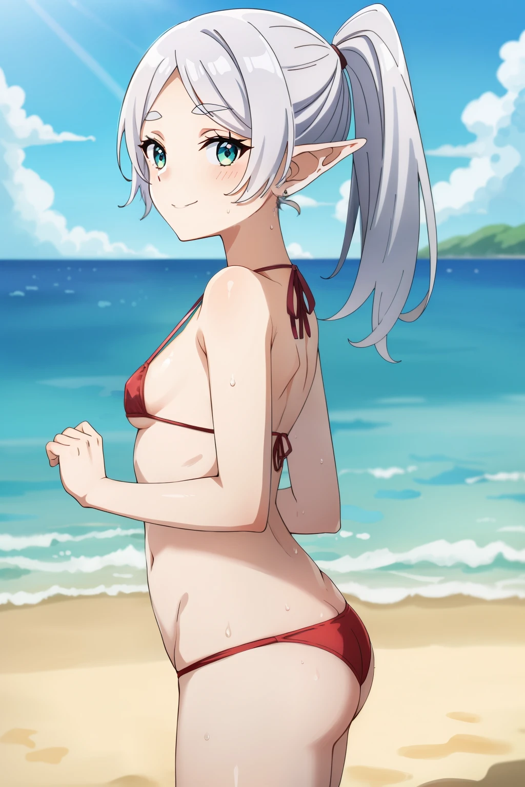 standing, standing,, navel, split, blurry background, back sideview, smile,embrased, red blush,  bow,  outside, looking at viewer, blush, sweat, solo, micro bikini, laced panties,  1girl, ,small breasts,wet body, Small breasts ,elf,white hair,grey hair,earrings,pointy ears,long hair,ponytail,green clean eyes, clean eyes, twintails,parted bangs,thick eyebrows,clouds,blue skies, ocean, beach sand, seaside, sunlight
