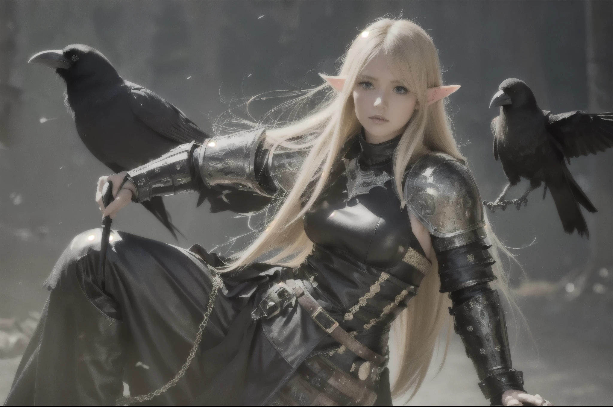 best quality, masterpiece, ultra high res, (photorealistic:1.4), raw photo, 1girl, ((beautiful anime eyes with fine detail)), offshoulder, in the dark, deep shadow, low key, cold light, green eyes, elf ears, very long blond hair, bangs, leather fantasy clothes, elf girl, big breast:1.5, cute face, full body, medieval , (((full body))), silver details, medieval clothes, detailed face, bootagic staff, beltt, bracelets, (((shoulder armor))), elegant, (((furr))), dress, (((crow in her shoulder)))