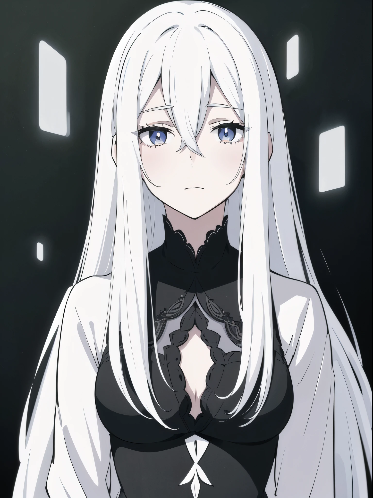 ((White hair)),((Head and Shoulders Image)),Sexy,A person,Alone,Simple style,pancake ,Simple details,Black background,Empty background,Black background wall,(20 year old woman),(Droopy hair),(White Gloves),(Evening Gown),(Lace Shirt),Lace,(confidence),(Tranquility)