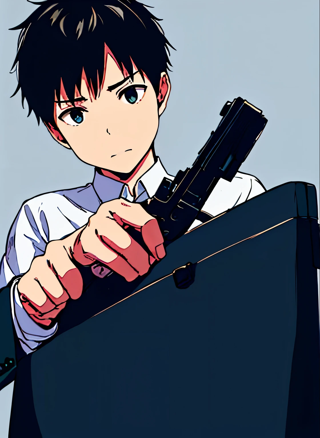 The boy who was a child pointed a gun at his grown-up self