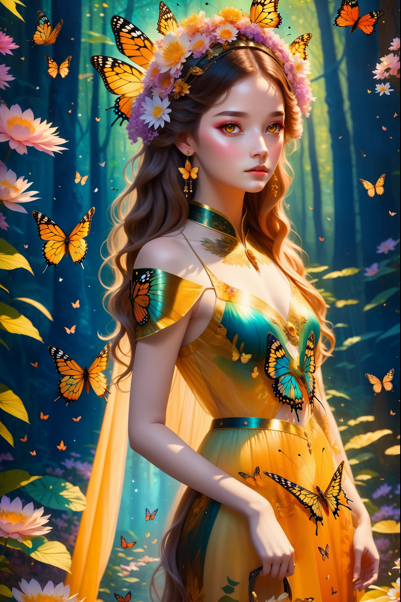 Mysterious forest girl and butterfly, Sheer silk dress, Impressionism肖像,
Impressionism, author:Konstantin Razumov, Pierre Auguste Renoir, Textured paint,
detailed, Realistic portrait, art, Gorgeous patterns, fair, 8K, Depth of sharpness,
Rembrandt lighting, Ray tracing, high quality, sharp focus,fracolor deep in amber, A dark and mysterious world unfolds, A place where a surreal dead girl with liquid gold eyes wanders, Lost in the mysterious dreamland of amber