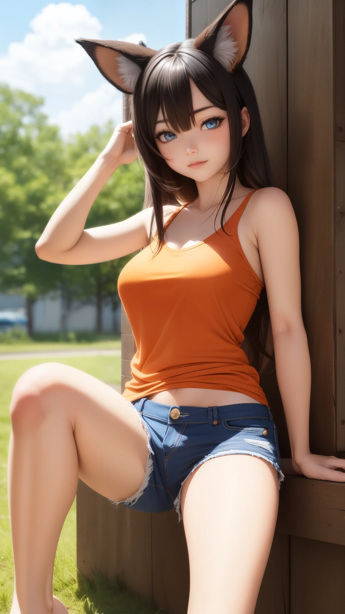 niji style, exceptional, [:watercolor \(artwork\),:0.25] [by fairwind::0.5], female, (anthro:1.2), fox, blue eyes, brown hair, (orange body:1.1), solo, tank top, shorts, outdoors, breasts, pose, snout, black nose, portrait, looking at v...