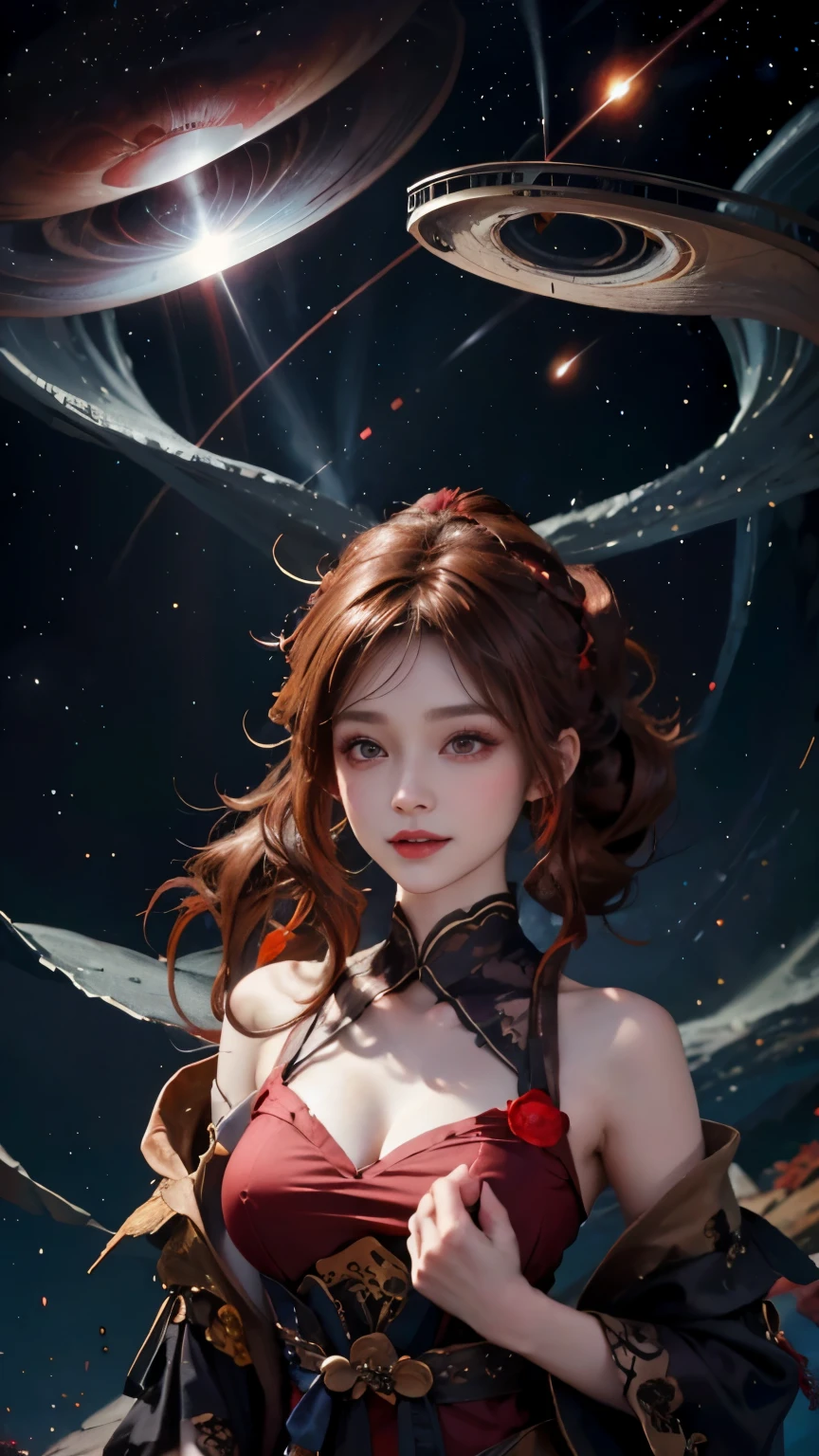 (Modify hair only、Face)Reddish-brown hair,curls,ponytail,Nice bun,Perfect hairstyle,red headdress,red eyes,red eye,red pupils,Delicate and detailed eyes,clear eyes,Red eyes,huge ,Smiling very happily,mysterious universe starry sky