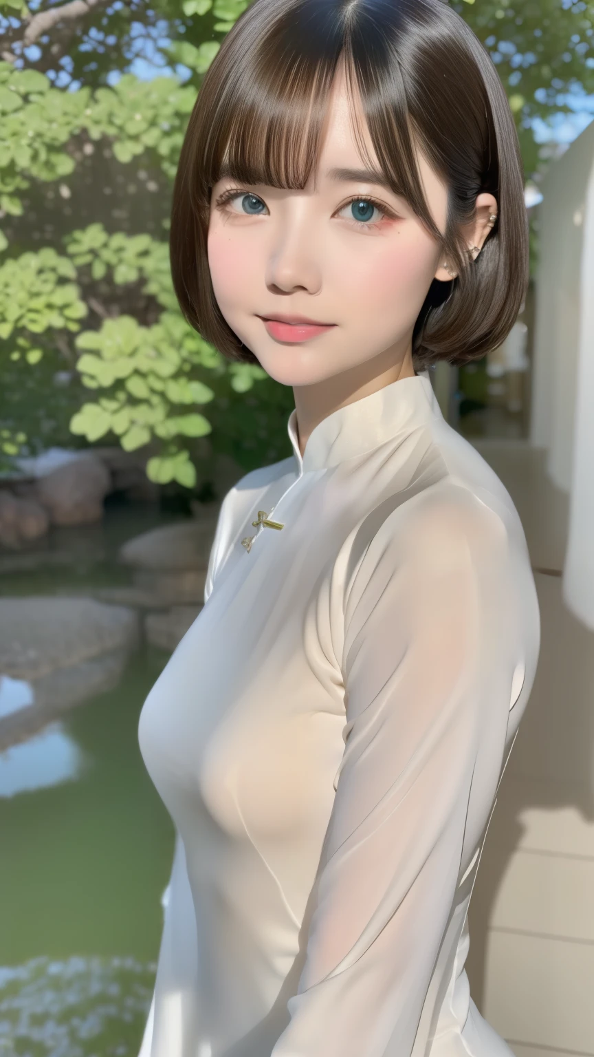 masutepiece, Best Quality, hight resolution,portlate, (((detail portrayal、8K resolution))), (((Beautiful face drawn in detail))),Full Body Angle,Smirking expression、Solo, bright light blue eyes, ((Beautiful silky silver hair、Short Bob、Short-cut hair))、(((Beautiful Ao Dai:1.3、Ao Dai,Beautiful White Ao Dai)))、plein air、Lake Lotus