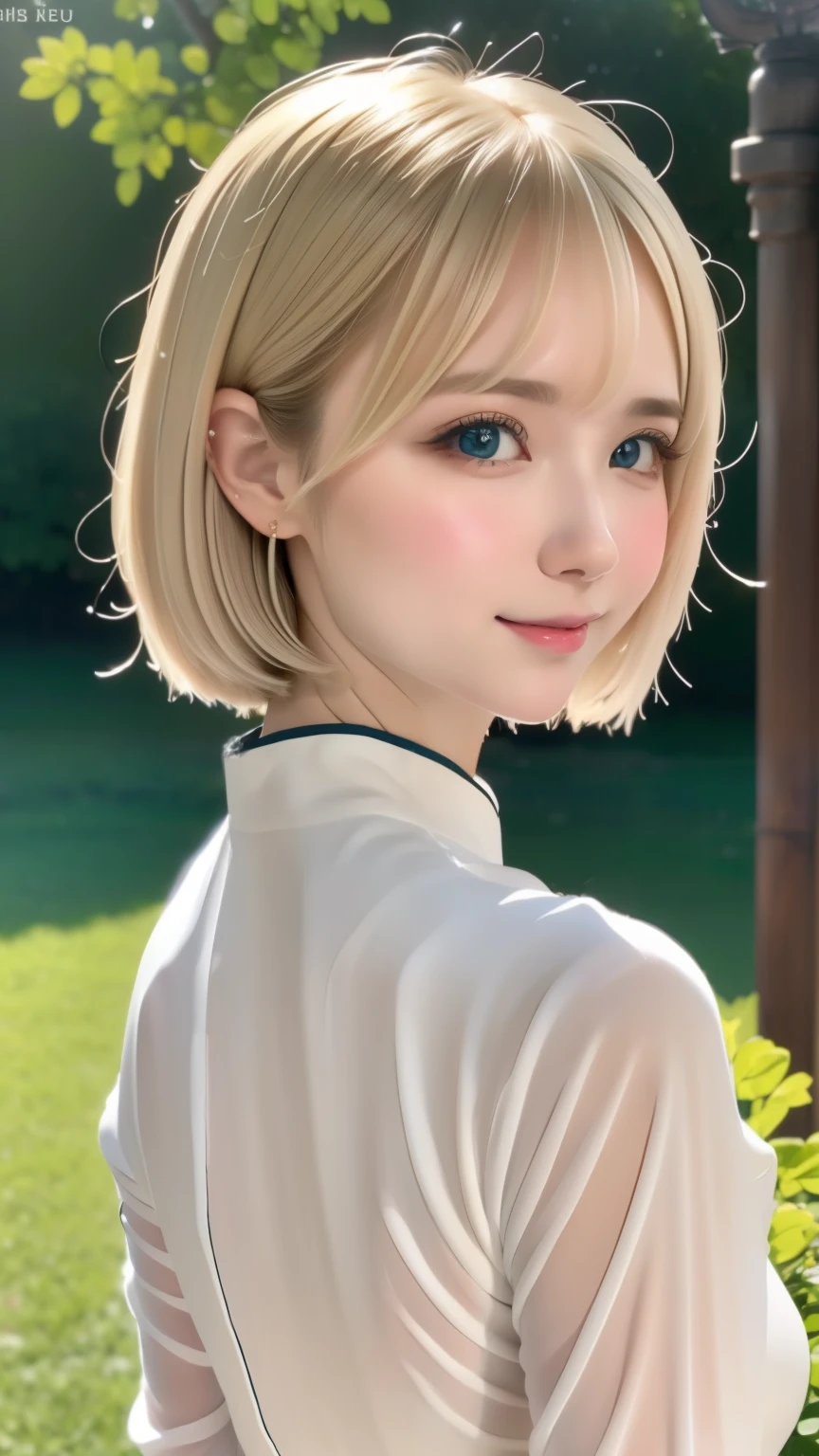 masutepiece, Best Quality, hight resolution,portlate, (((detail portrayal、8K resolution))), (((Beautiful face drawn in detail))),Full Body Angle,Smirking expression、Solo, bright light blue eyes, ((Beautiful silky silver hair、Short Bob、Short-cut hair))、(((Beautiful Ao Dai:1.3、Ao Dai,Beautiful White Ao Dai)))、plein air、Lake Lotus