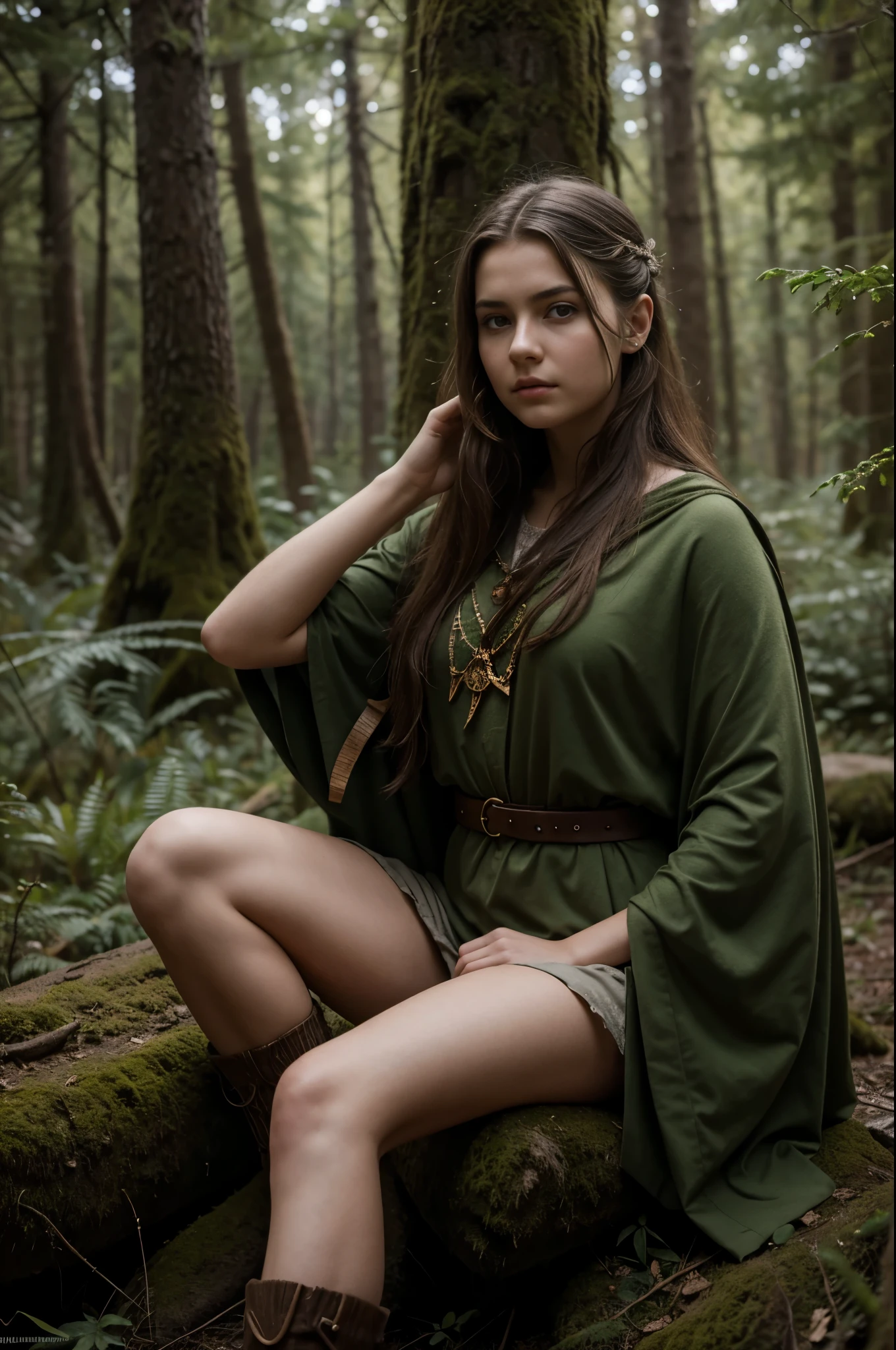 15 year old Russian girl - druid in the forest (juego de rol),cabello rubio rizado y despeinado, Rasgos delicados de un rostro delgado., Fancy,tolkien,8K ,Realismo, foto , High Definition, piel realista, , Sin cosmeticos, Knee-high fotos
