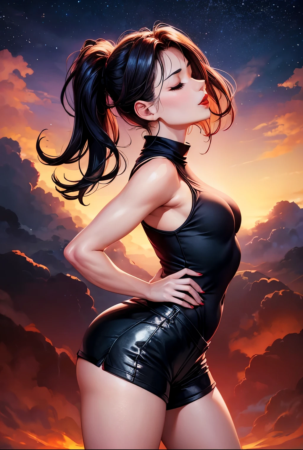 hot woman, sleeveless turtleneck shirt and elastic shorts, red lips, seductive, closed eyes, orgasm, nigth, moon ligth, stars, cloud, galaxy, from behind, fingers --style realistic-imagine -