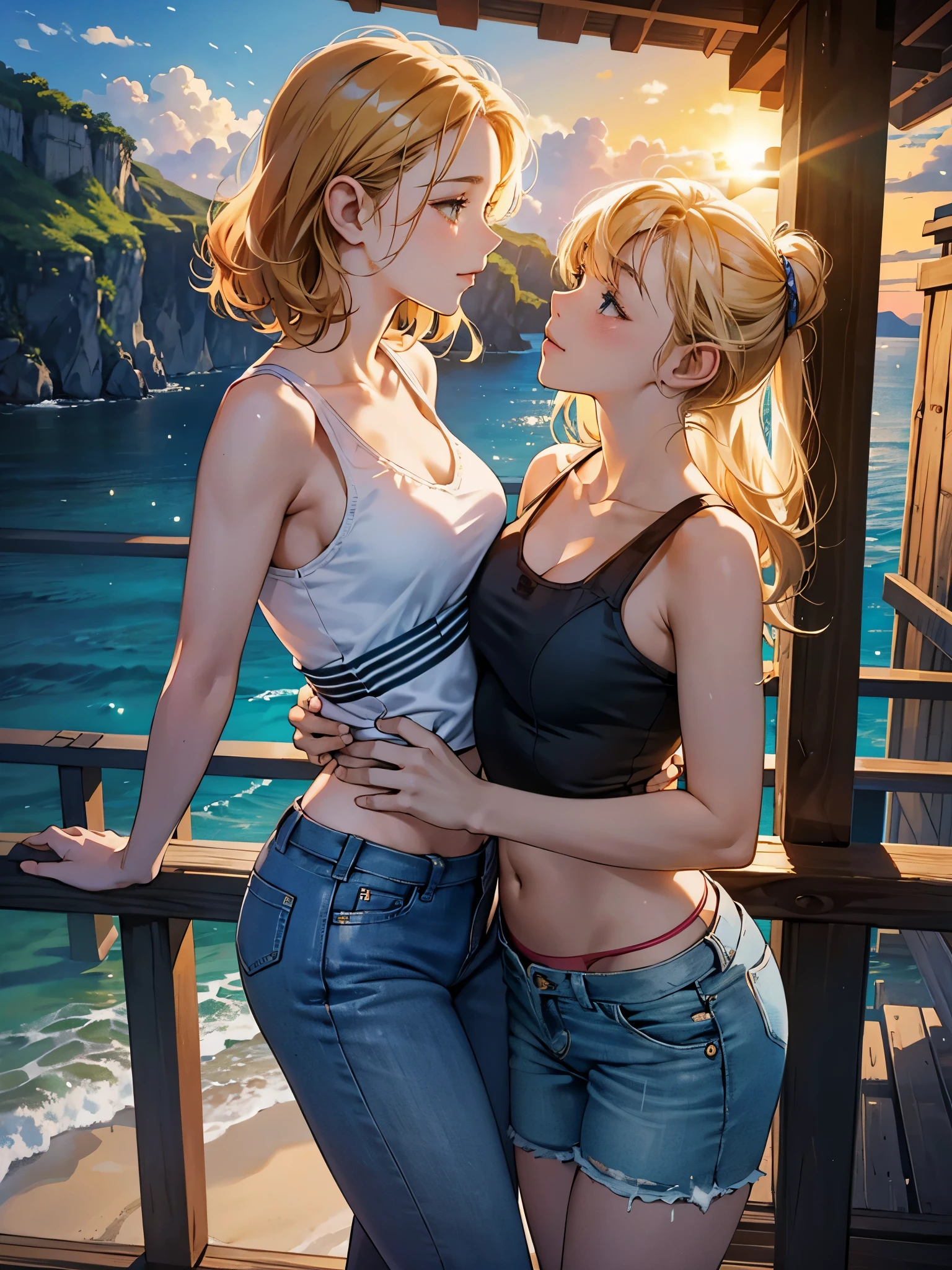 two anime girls kissing, both closed eyes, Location: A viewpoint atop a cliff by the sea on a summer morning. Climate: The sun shines brightly in the clear sky, while a soft sea breeze cools the atmosphere. Atmosphere: The sound of the waves crashing against the rocks below creates a relaxing melody. The aroma of salt and algae mixes with the freshness of the sea air. Schedule: Early morning, with the sun emerging over the horizon. Ethnicities of the couples: A multiracial couple, one with curly hair and dark skin, the other with blonde hair and light skin. Clothing details: Girl 1 is wearing a tank top and denim shorts, while Girl 2 is wearing a white top and a brightly colored long skirt. Background of the place: A viewpoint with wooden railings, overlooking a deep blue sea and steep cliffs.