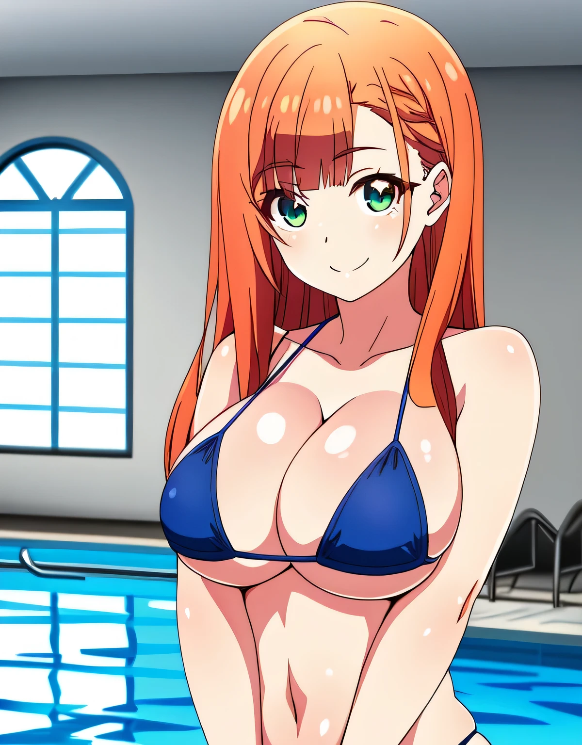 time,long hair,前hair,closed mouth,green eyes,indoor pool,micro bikini,light smile,deep cleavage,orange hair,(huge breasts),shiny,hair,((alone)),((masterpiece)),((highest quality)),perfect anatomy,slim waist,perfect image,8k uh,(detailed and beautiful eyes:1.5),highly detailed face,Are standing,(Upper body:1.1),(look ahead:1.1),back arm,Super detailed,disorganized,High resolution,