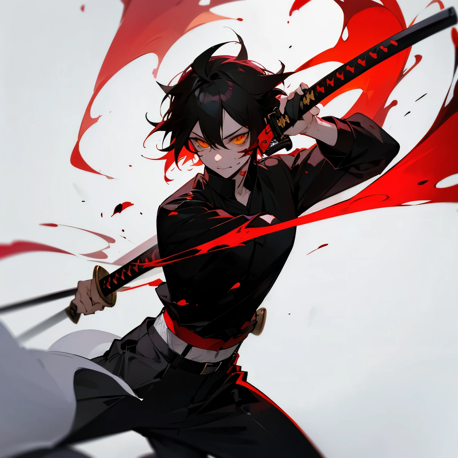 Kitsune male eyes gloing red katana with blood on it blood around mouth wearing a black shirt and black pants