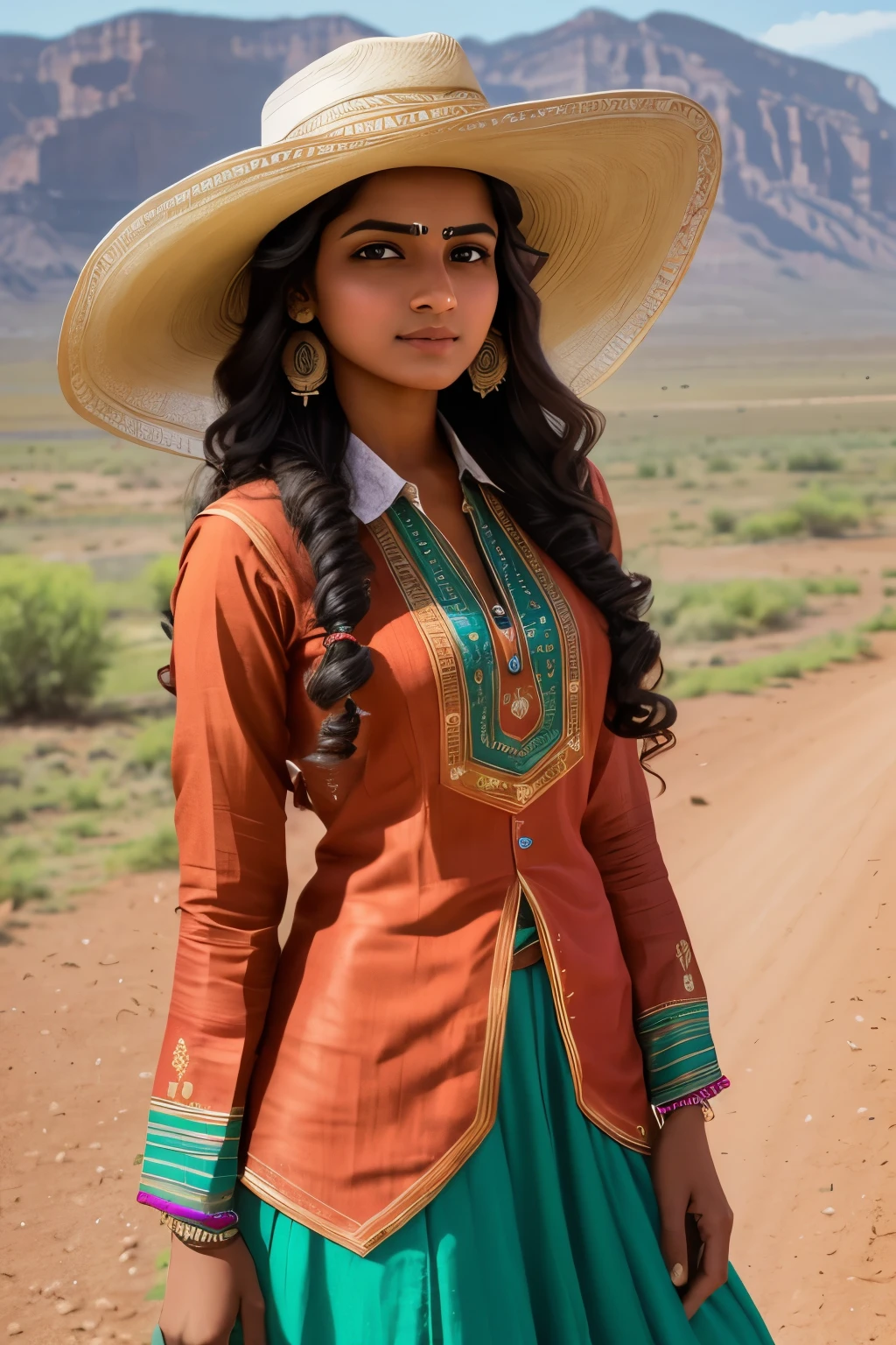 Photo of a charming Indian girl, standing solo, in a western-style outfit, (Cute:1.1), (Indian:1.1), (Young Adult:1.2), (Portrait:1.2), ((Detailed face:1.2)), ((An atomic blend of traditional Indian features and western fashion)), (Western attire:1.3), (Outdoor setting:1.3), (Bright colors:1.25), long curly hair, (Western hat:1.1), (((Plain background:1.2))), (Perfectly proportions:1.1), (photos realistic:1.1), (Best Quality:1.