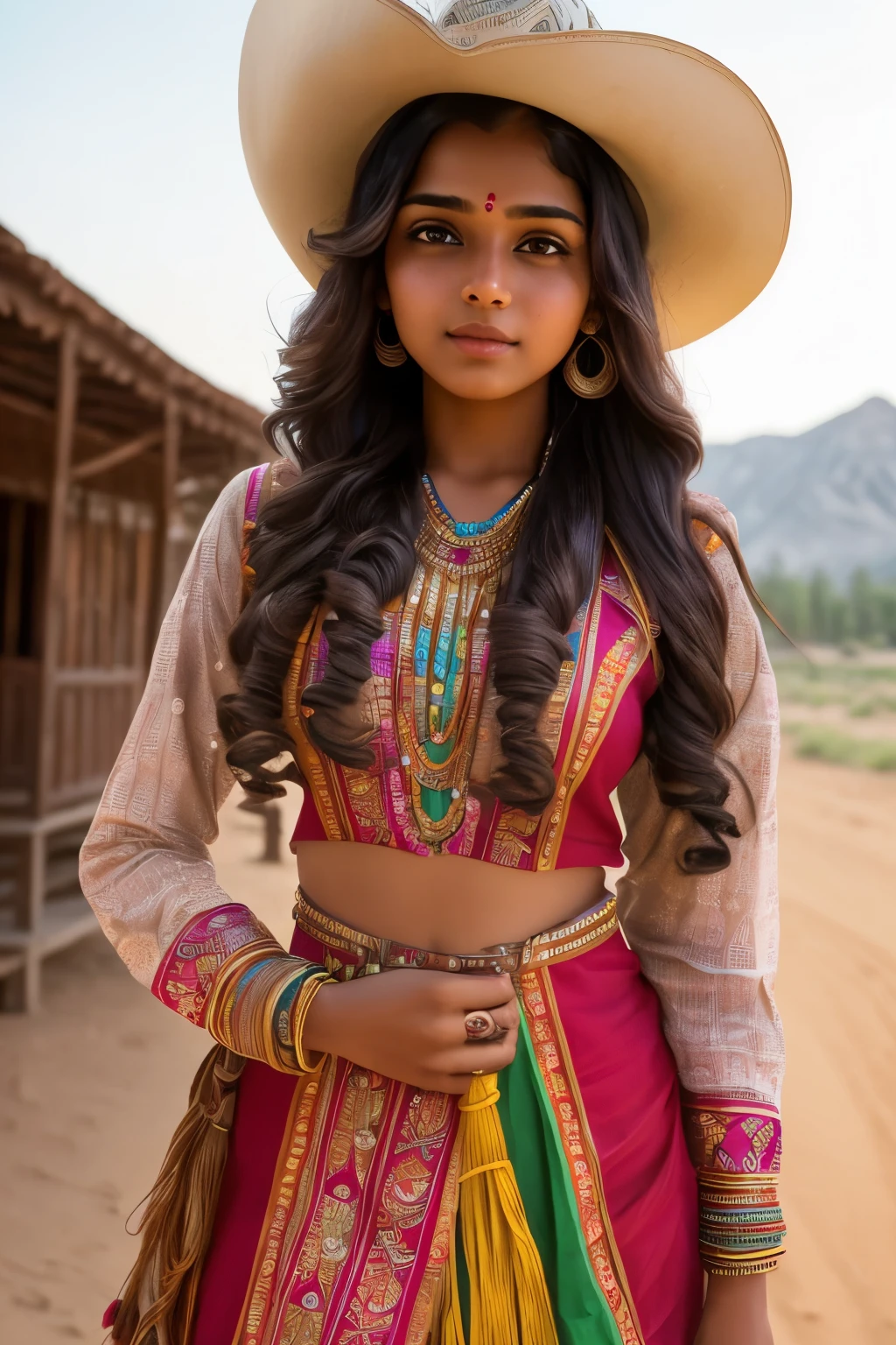 Photo of a charming Indian girl, standing solo, in a western-style outfit, (Cute:1.1), (Indian:1.1), (Young Adult:1.2), (Portrait:1.2), ((Detailed face:1.2)), ((An atomic blend of traditional Indian features and western fashion)), (Western attire:1.3), (Outdoor setting:1.3), (Bright colors:1.25), long curly hair, (Western hat:1.1), (((Plain background:1.2))), (Perfectly proportions:1.1), (photos realistic:1.1), (Best Quality:1.