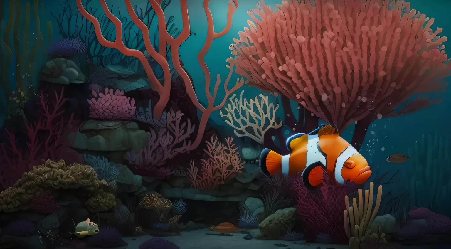 there is a clownfish that is standing in the water, seabed environment, underwater environment, clownfish, coral reef, 热带coral reef, underwater scene, underwater scenery, underwater background, masterpieceunderwater scene, Close-up of movie aquatic scene, seabed总动员, underwater world, coral reefs, incredible depth, background artwork, animation stills, Realistic scene, seabed, animation stills