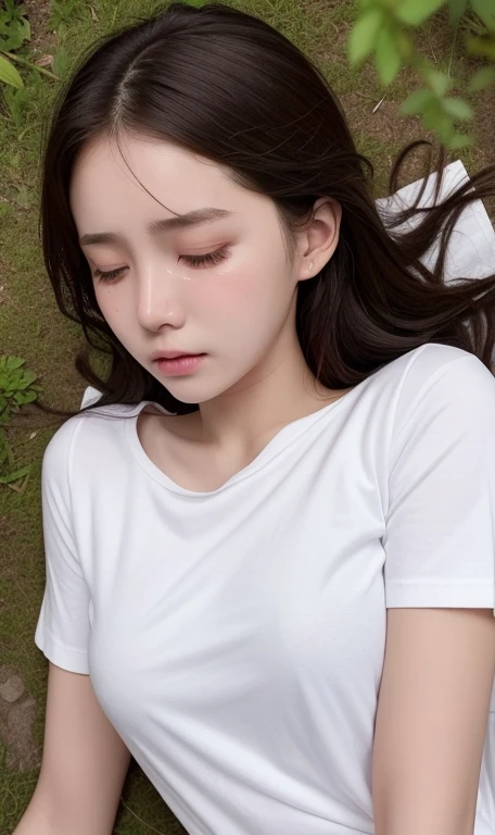 A crying girl，20 years old，Wear a soaked white shirt，jeans，Lie on your back on the ground，is crying，shed tears，cry loudly，Have a detailed face，Eyes are very delicate，top view，The photo quality is the best，Lifelike image quality，Background diffuse lighting，Depth of field display。forest