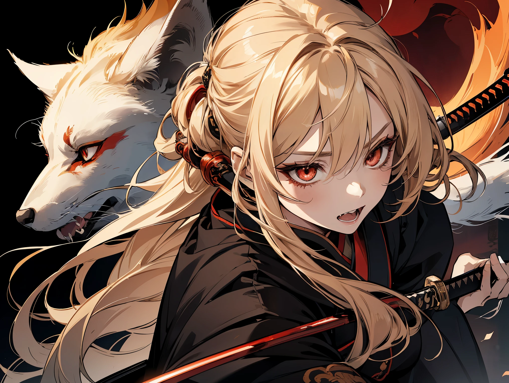1 female, kitsune, teacher, insane, wearing kimono, black long pants, blond hair, long hair, red eyes, showing her fangs, holding a katana, blood on katana, face to detail, detailed eyes, the background is a forest in china