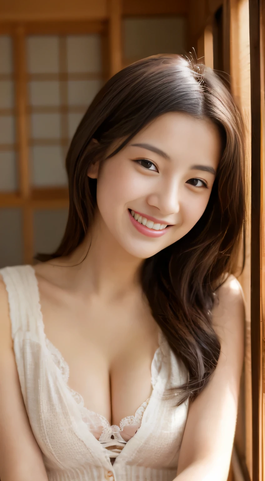 masterpiece,best quality,(Japanese ),((Beautiful girl)),cleavage,indoor,(perfect body beauty:1.2),(shy smile),beautiful teeth,