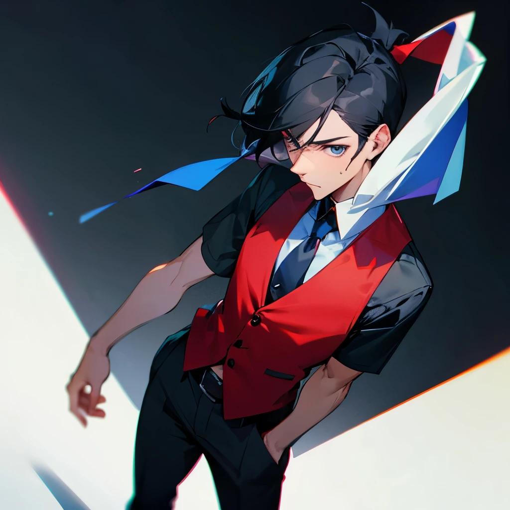 Male,Discreet face,completely black hair,Wear black trousers.,Wear a short-sleeved shirt.,with a blue tie,Wear a red vest.,Tie your hair